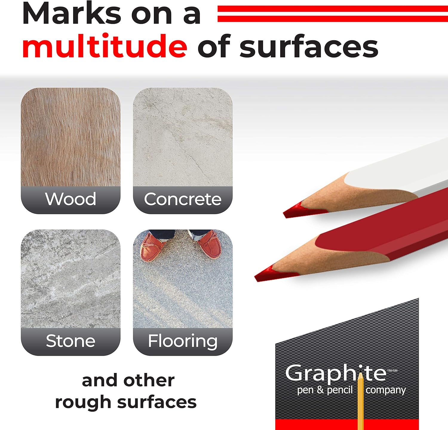 GRAPHITE Carpenter Pencils Rectangular Pencil | Red Lead | (72) Pcs | Wide Pencil for Wood Flooring Marker & Concrete Marking | For Measuring Tool Set | Red