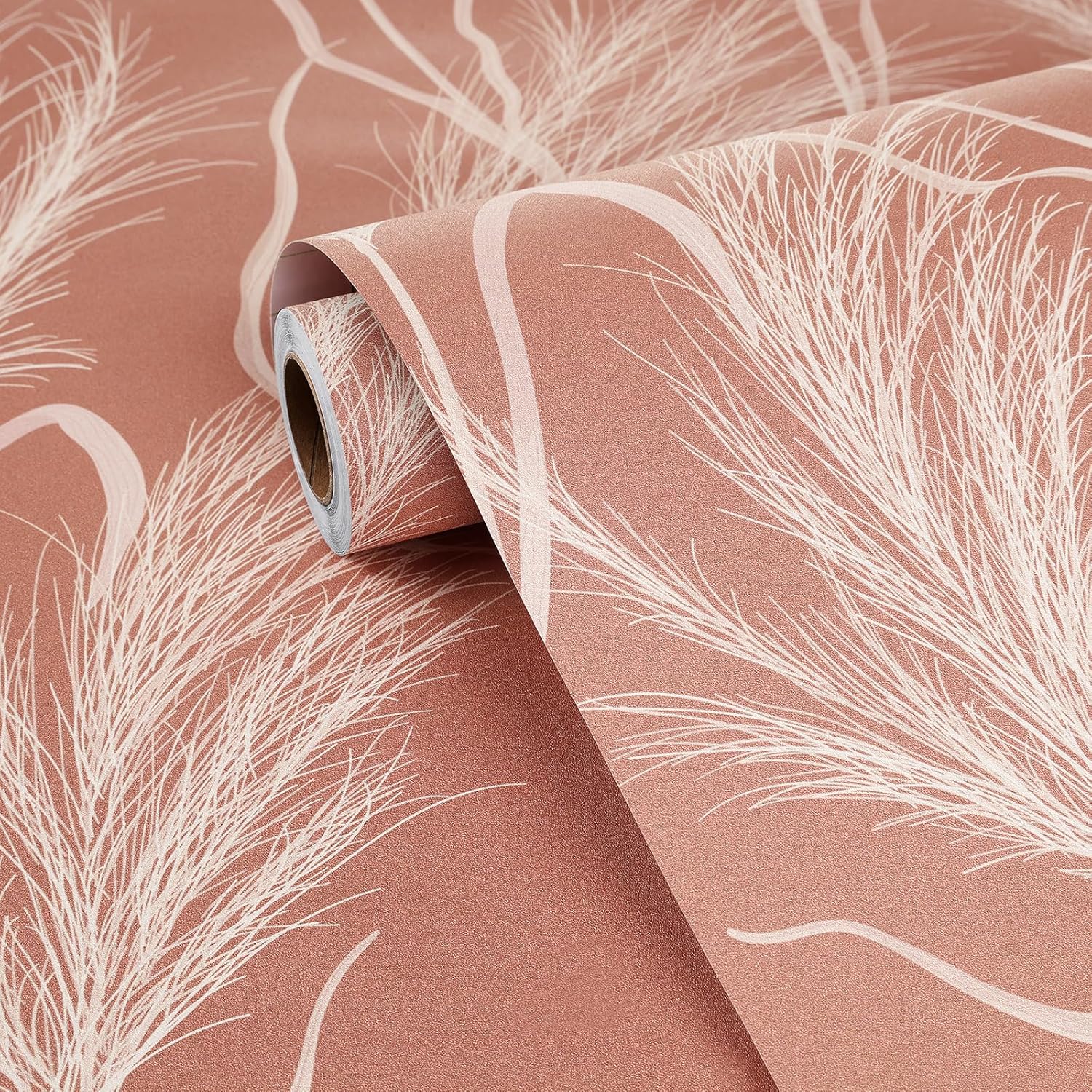 FunStick 17.5"x354" Brown Pink Botanical Peel and Stick Wallpaper Boho Pampas Grass Leaves Floral Self Adhesive Contact Paper Decorative Pink and White Wallpaper for Girls Kids Room Bathroom Walls