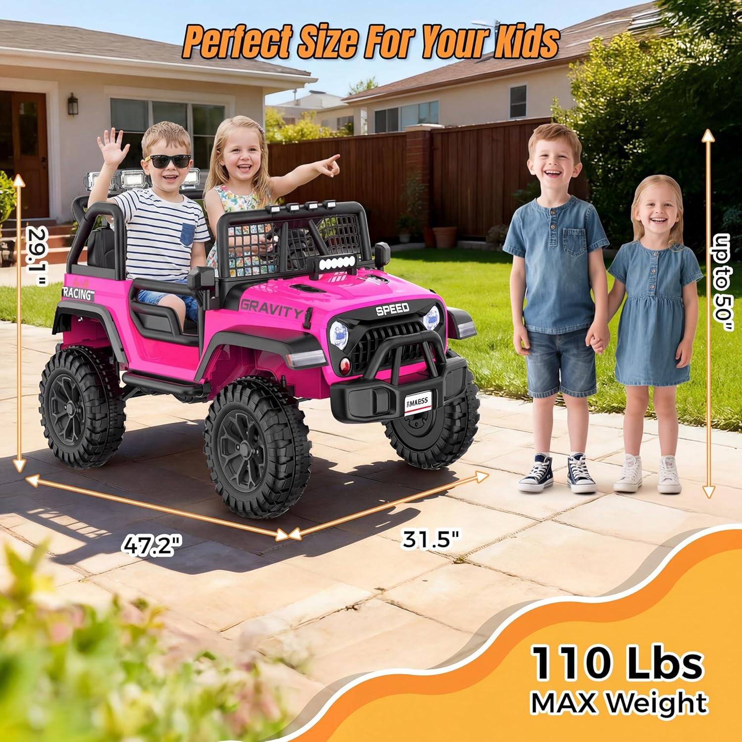 Hikole 24V Ride on Toys for Big Kids with Remote Control, 2 Seater Electric Car for Outdoor & Backyard Use, 20" Wide Seat, LED Light, 3 Speeds, Soft Start - Great Gift for Girls Boys Age 4-8, Pink