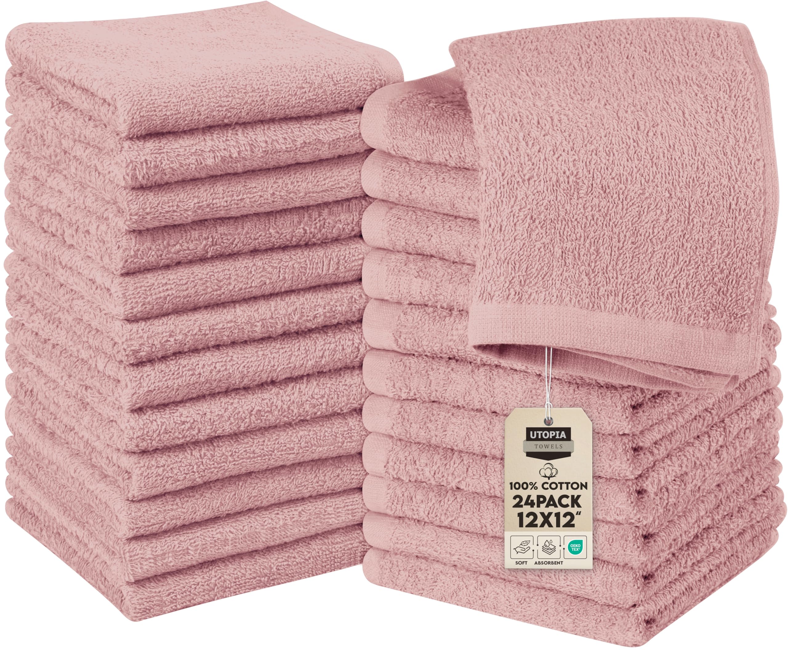 Utopia Towels Cotton Washcloths Set - Pack of 24-100% Ring Spun Cotton, Premium Quality Flannel Face Cloths, Highly Absorbent and Soft Feel Fingertip Towels (24 Pack, Dusty Pink)