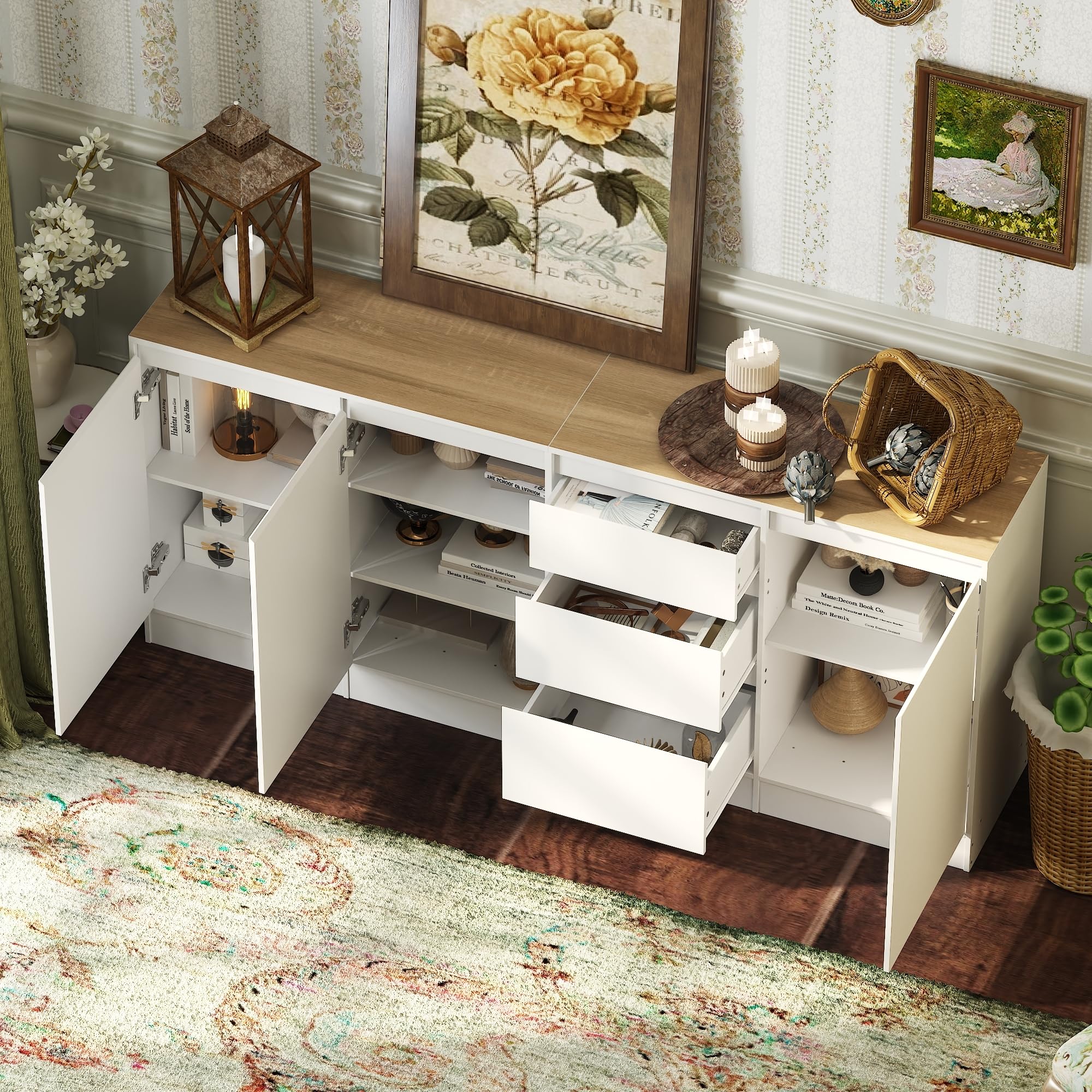 Mobile da 3 ante e 3 cassetti, credenza, credenza con ripiani, comò, armadio multifunzionale per la conservazione, per soggiorno, cucina, corridoio, 80 x 180 x 35 cm, MDF, bianco