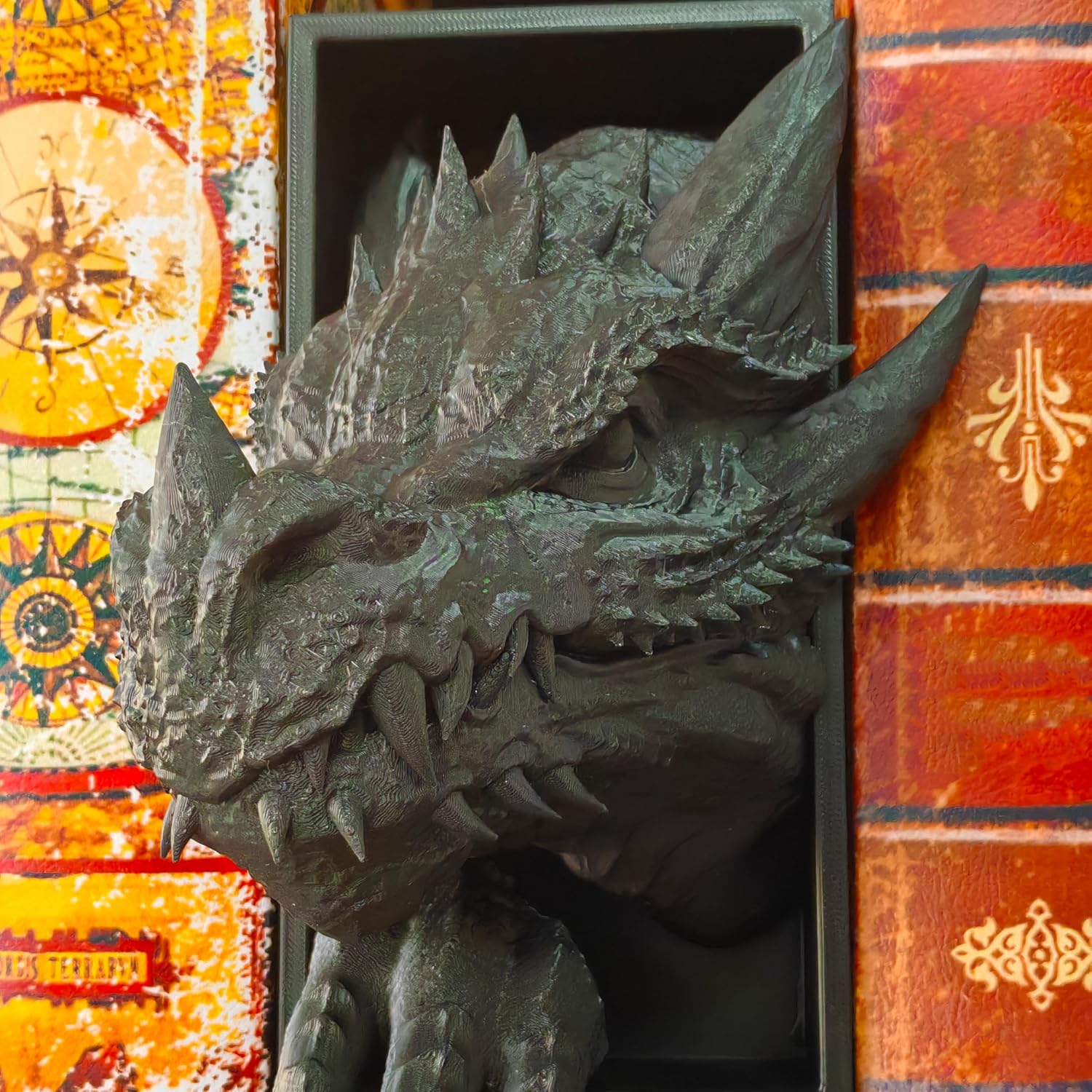 3D Printed Black Horned Dragon Bookend Decorative Sculpture Realistic Dragon Design for Bookshelf Home Decor Unique Book Stand Accent Piece (Black Dragon Head)