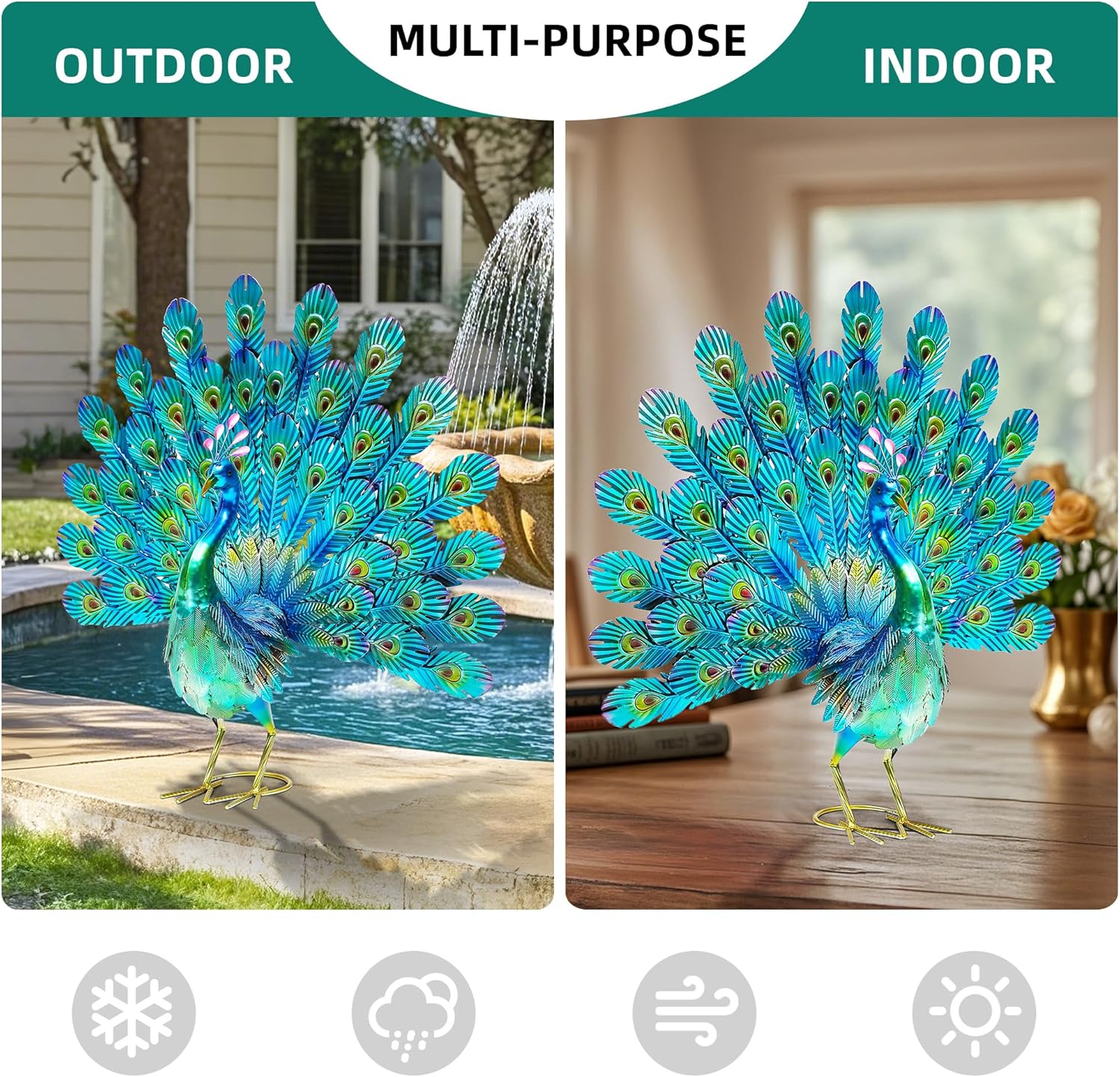 27.5" Metal Peacock Garden Statue with Tail Spread, Handmade 3D Textured Peacock Garden Sculptures Metal Yard Art for Patio, Garden or Entryway