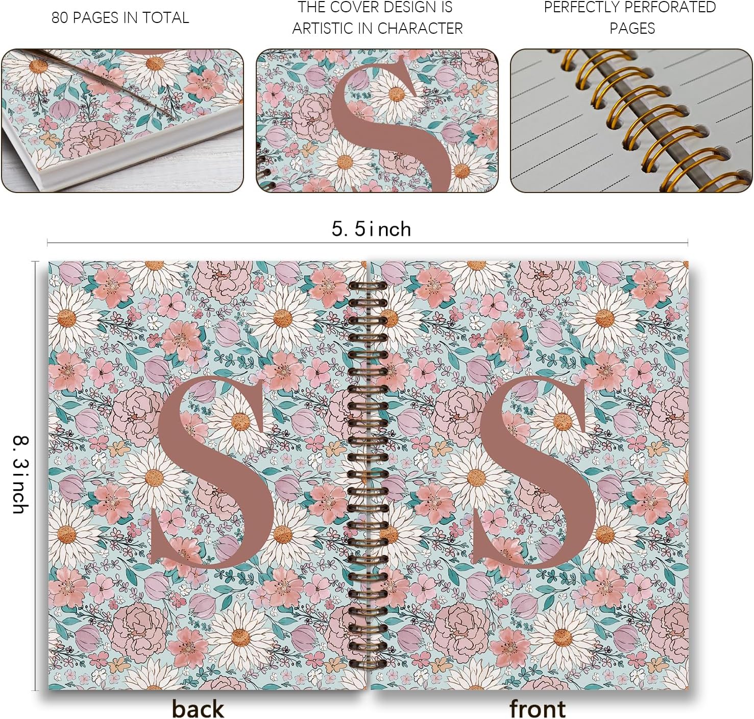 Vintage Floral Personalized Notebook, Initial Letter S Notebook Journal ,Vintage Flower Notebook for Work School Office Supplies,,Monogrammed Notebook for Women Teen Girl,Back to School Supplies 5.5 x 8.3 - Image 6