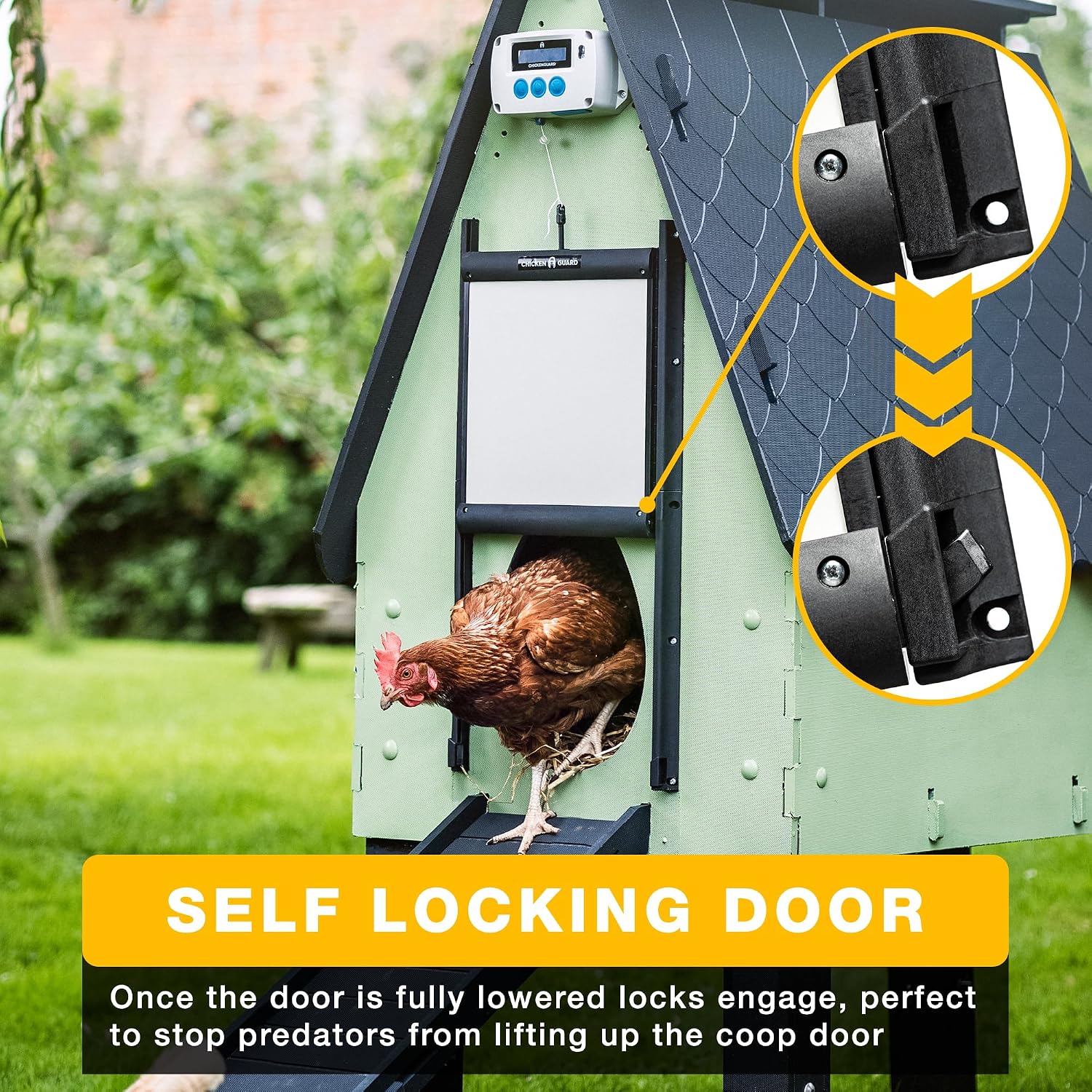 Close-up of the self-locking mechanism on the ChickenGuard door