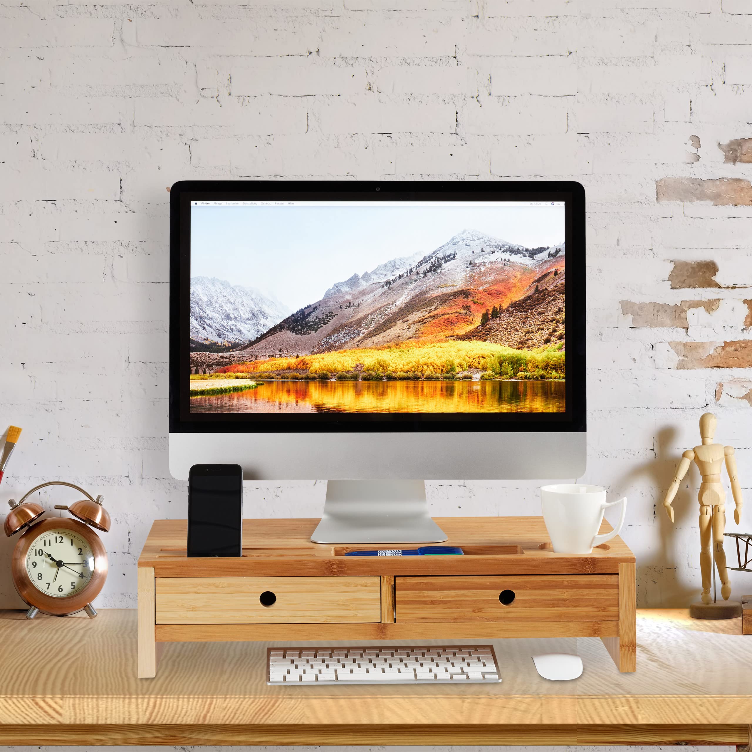 Relaxdays Supporto per Monitor, bambù, Rialzo per PC, 2 Tiretti & Scomparti, HLP 14 x 60 x 30 cm, Bianco/Legno Naturale