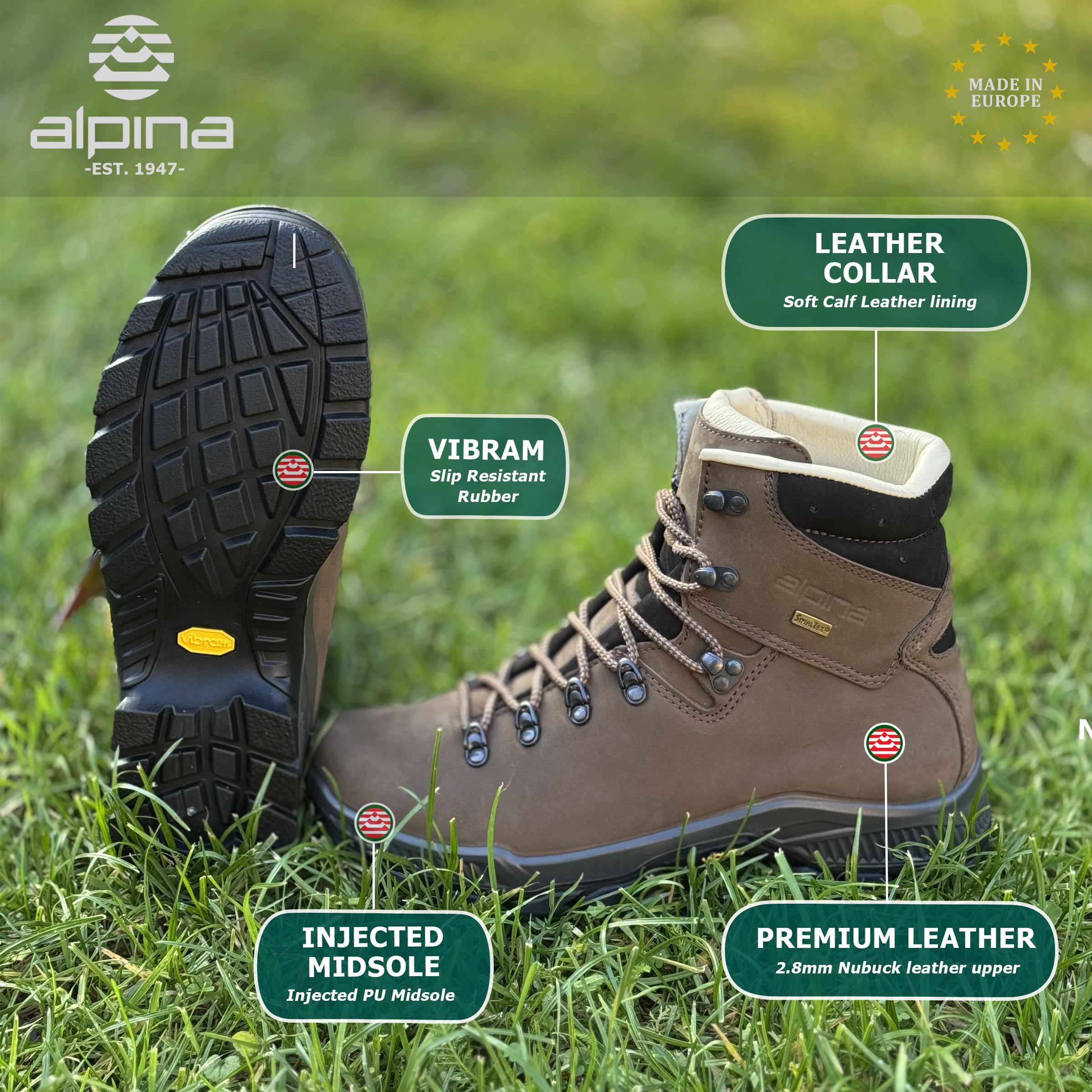 Alpina Tibet Męskie Buty Trekkingowe Skórzane | Wodoodporne Buty Górskie z Podeszwą Vibram i Membraną Sympatex