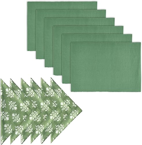 AVKA Studio Paquete de manteles de algodón acanalado y servilletas con estampado de algodón, paquete de 6 unidades, color verde