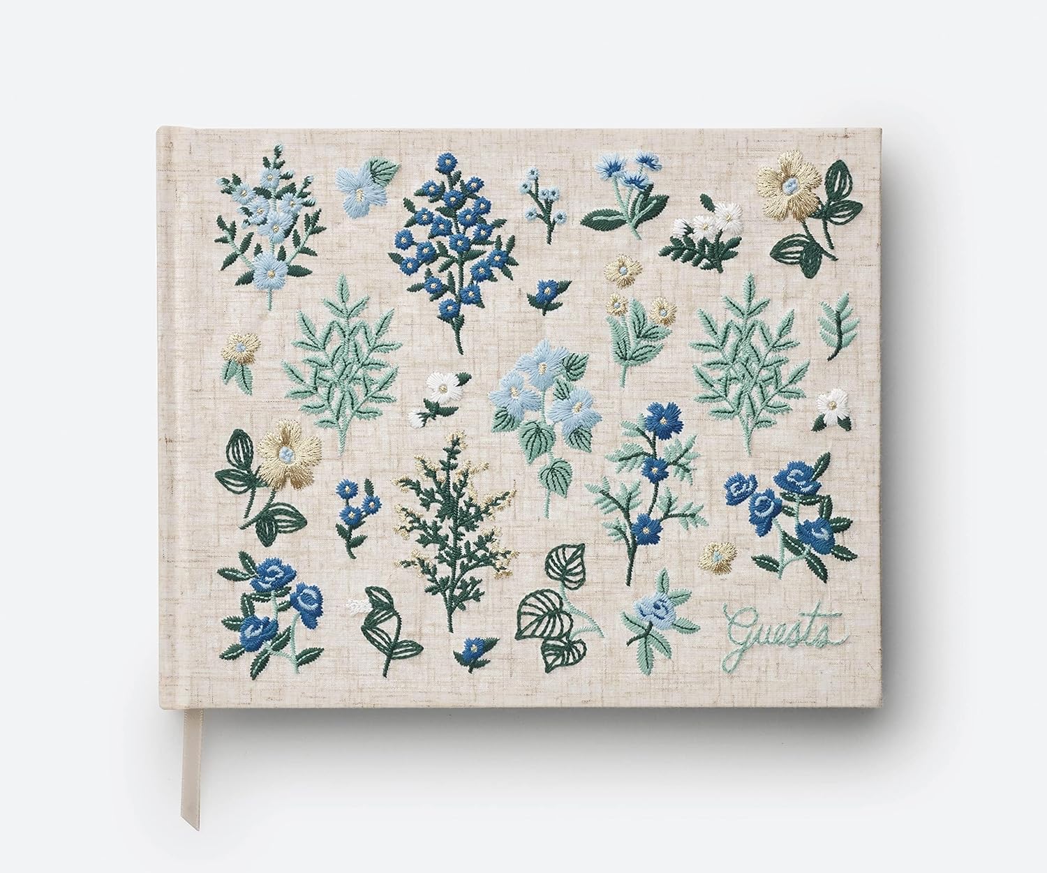 RIFLE PAPER CO. Hydrangea Embroidered Fabric Guest Book | Hard Cover Wrapped in Book Cloth & Ribbon Bookmark, (144 Ruled Pages Metallic Gold Ink, 10.25" W × 8.25" L)