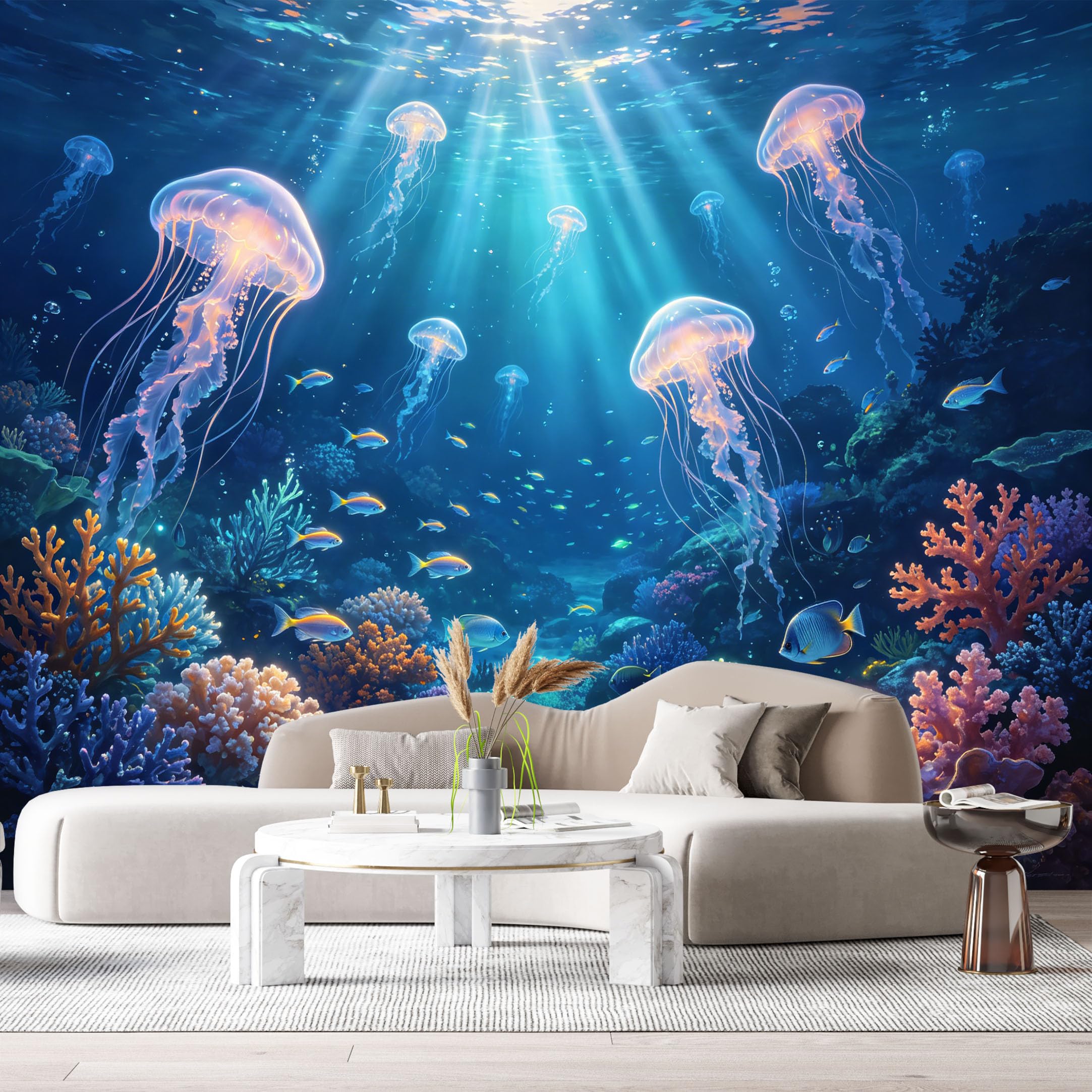 Custom Size Wall Murals Ocean Marine Jellyfish Coral Reef 3D Underwater World SelfAdhesive Wall Fabric Removable Large Wallpaper for Photo Living Room