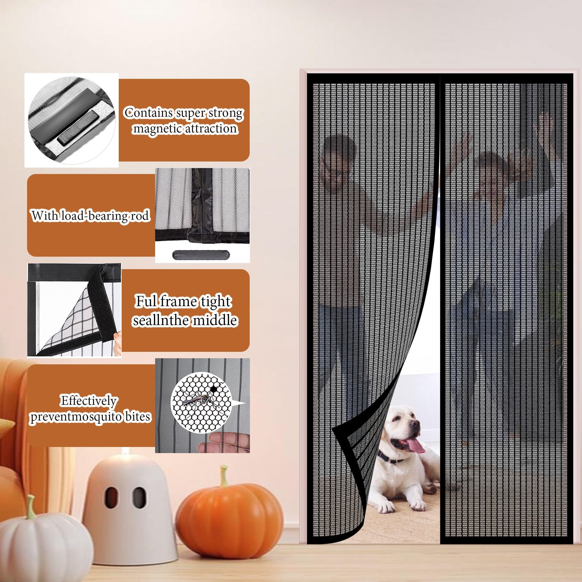 Moustiquaire Porte Fenêtre 164 x 216 cm Différentes Tailles Moustiquaire Ajustable Aimantée Sans Perçage, Fermeture Automatique pour Balcon Salon Chambre Portes, Noir