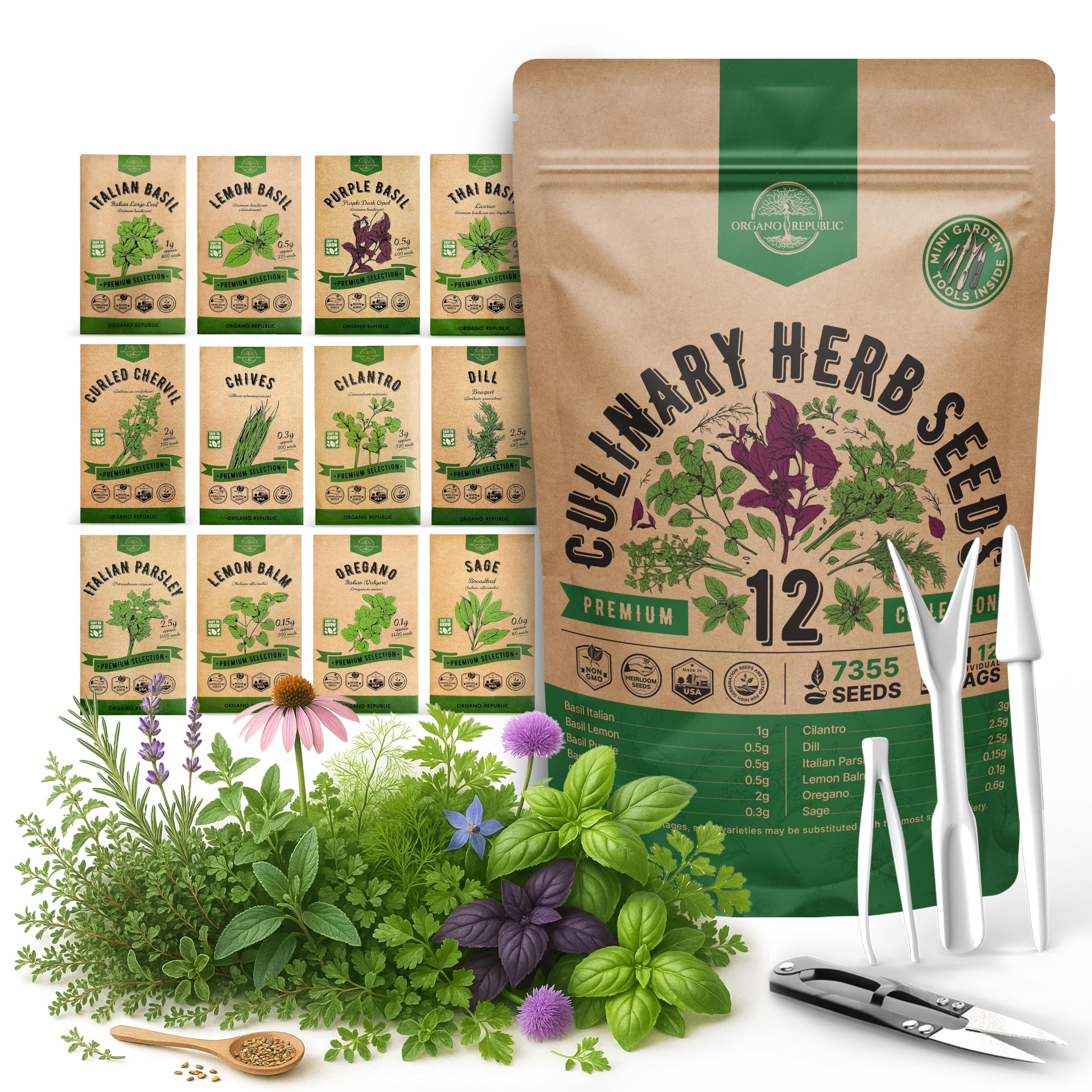 Organo Republic 12 Culinary Herbs Seeds Variety Pack - 7,355+ Heirloom, Non-GMO, Herbs Seeds for Outdoor and Indoor Home Gardening, Including Basil, Cilantro, Chives, Dill, Parsley, Sage