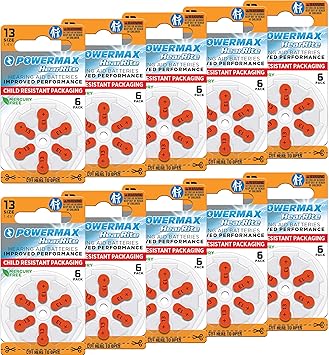 Powermax Size 13 Hearing Aid Batteries, 60 Count Long-Lasting Battery Pack, Orange Long Tab for Easy Change