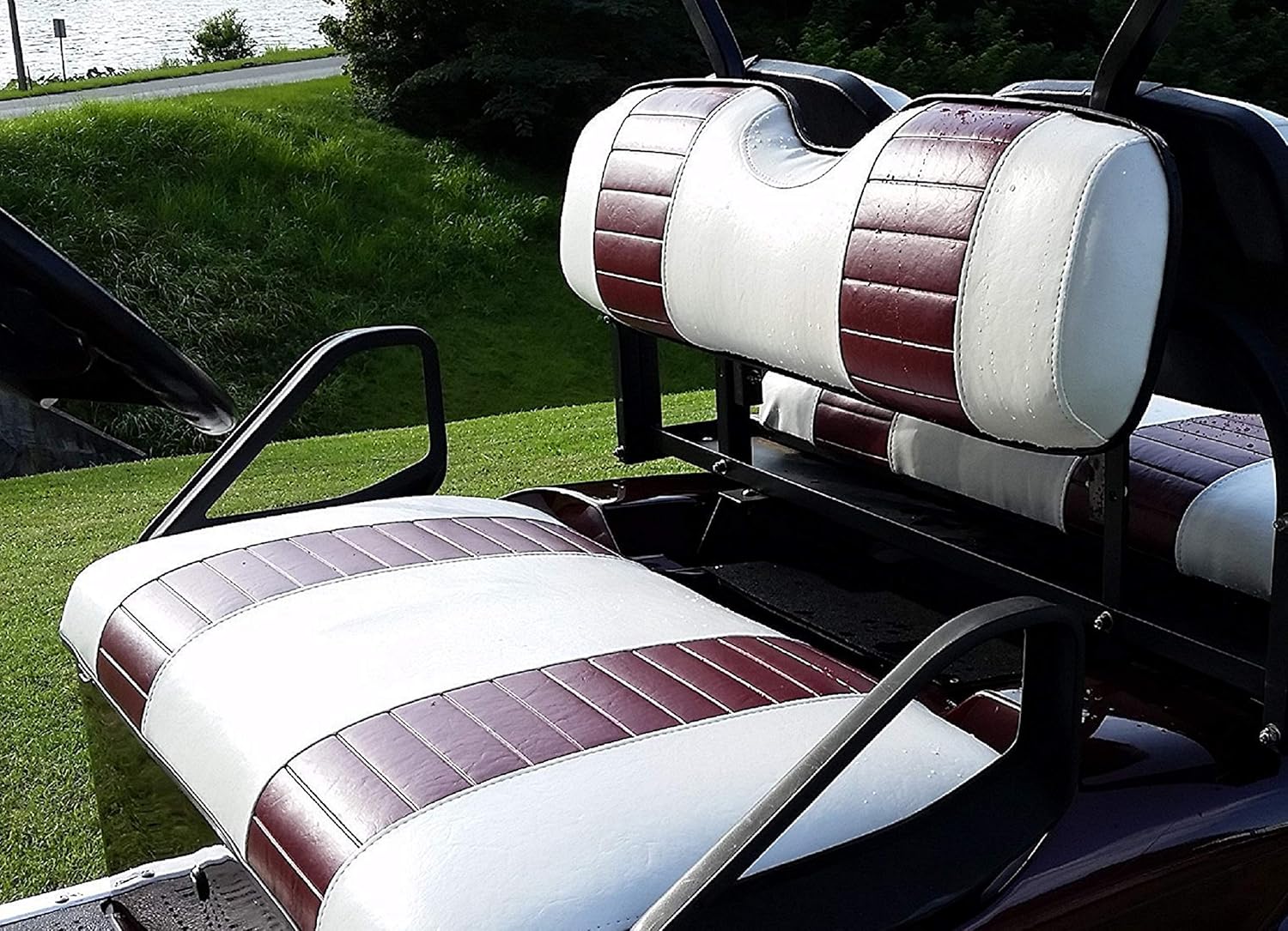 E-Z-GO TXT "STAPLE ON" Golf Cart Seat Cover With Matching Rear Facing Seat Cover (2 Stripe) Choose From 30 Colors, Custom Golf Cart Seat Covers, Handmade-Golf-Cart-Seat-Covers, Up To Par Covers