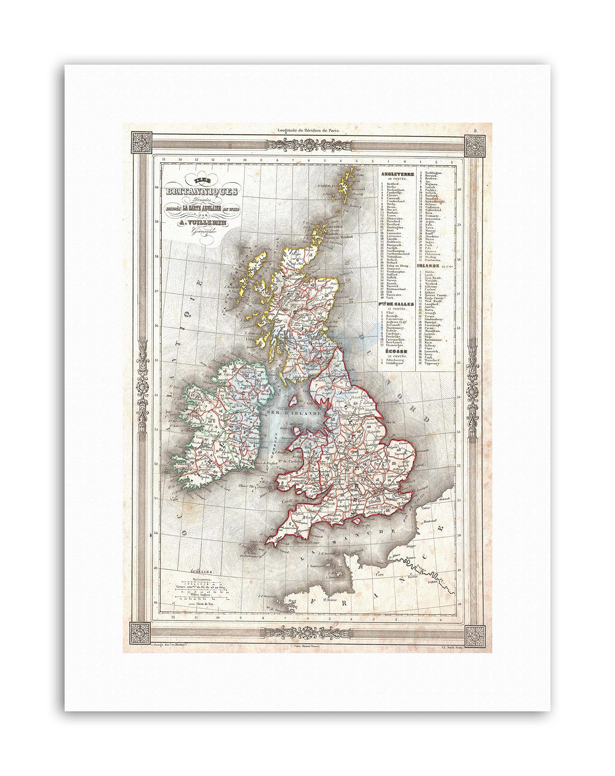 Wee Blue Coo Attractive 1852 Map The British Isles By Vuillemin Vintage Canvas Art Print
