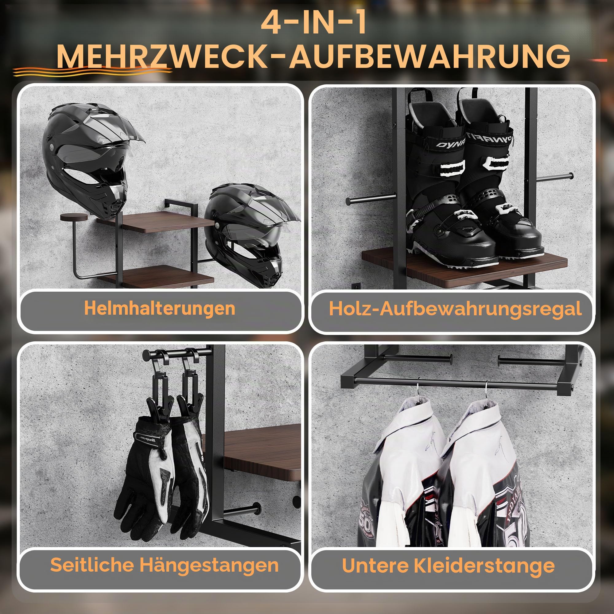 3-in-1 Wandhalter für Helm, Retro-Motorradhelm-Halter und Jackenhalter mit 3-Ebenen-Regal, Helmaufhänger zum Aufbewahren von Motorradzubehör