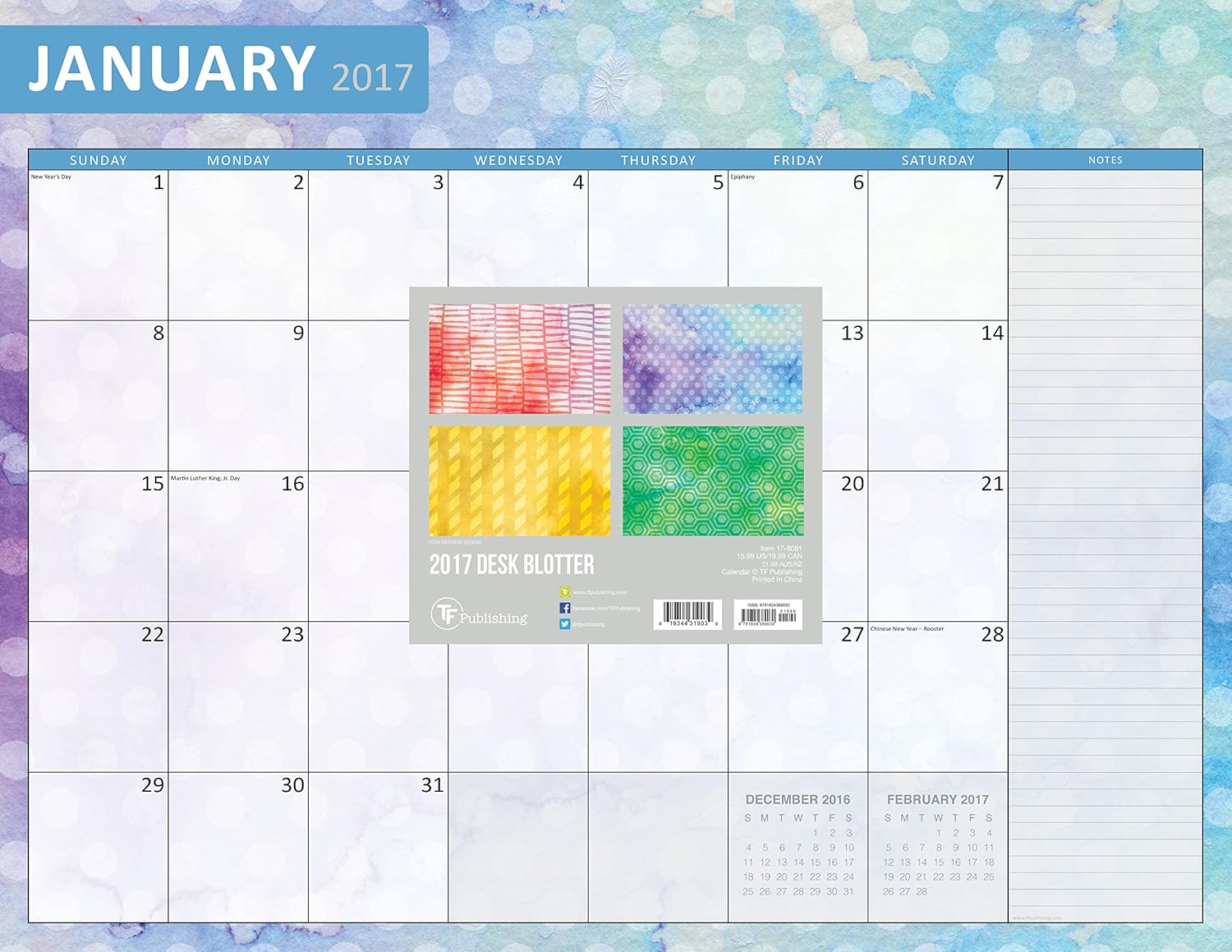 2017 Watercolor 12 Month Desk Blotter TF Publishing 9781624389030