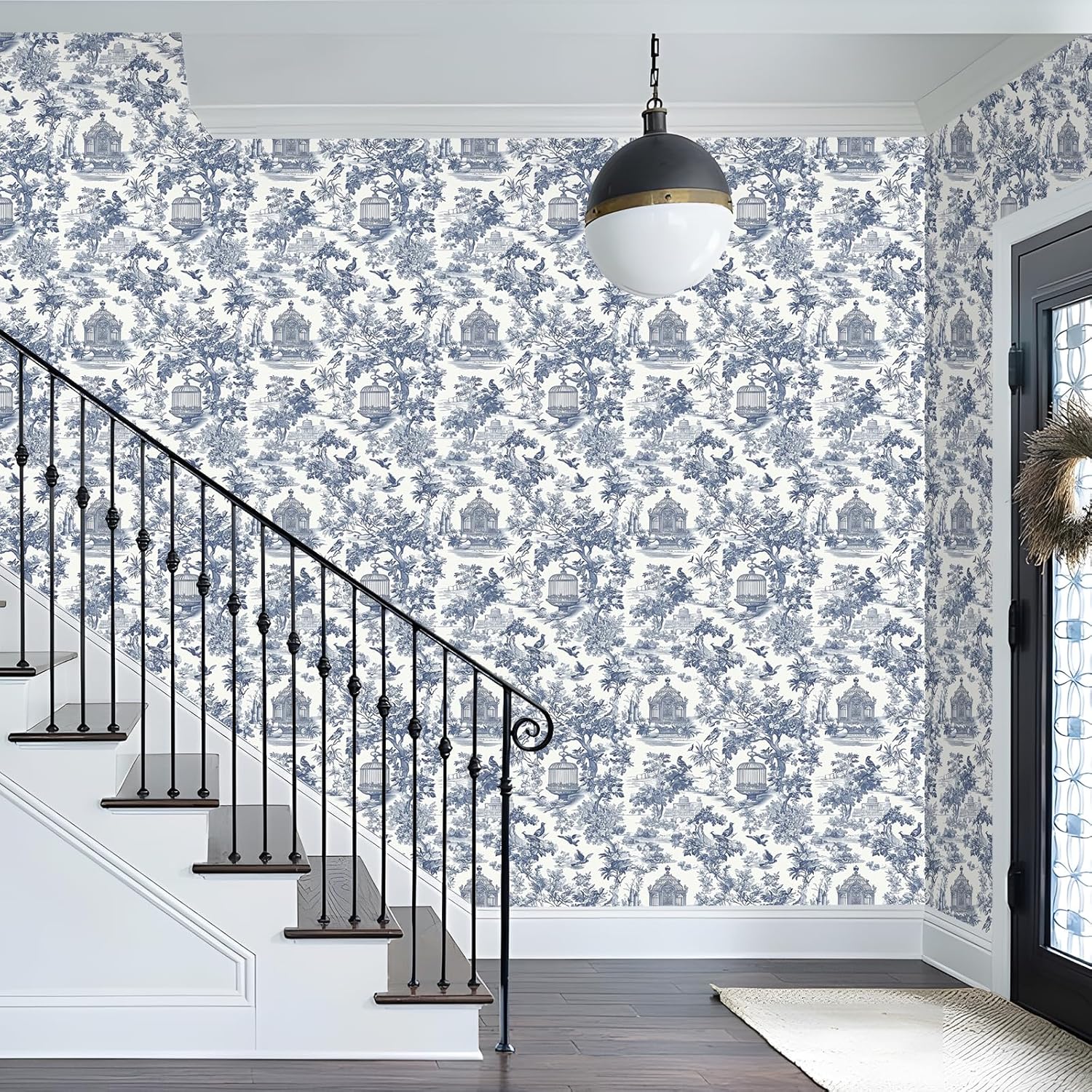 17.32"x393.7" Peel and Stick Wallpaper Vintage Floral and Birds Contact Paper Blue and White Wallpaper Modern Boho Removable Self Adhesive Wall paper Vinyl Rolls for Bathroom Bedroom Walls Decor