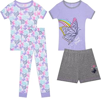 Rene Rofe Girls 4 Piece Snug Fit Cotton Pajama Pant and Short Sleepwear Set