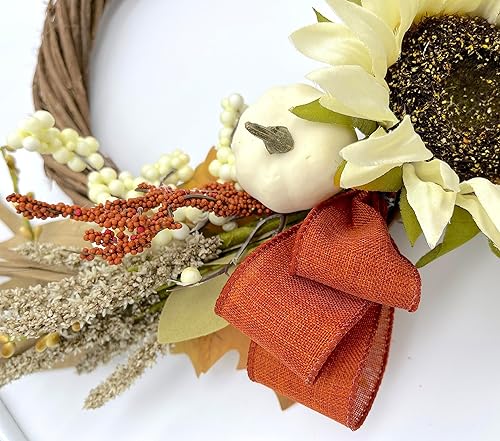 Miniatura 3 de Sunflower, Pumpkin and Gourd Thanksgiving Wreath on Grapevine Base with Burnt Orange Burlap Bow and Berry Branches - 10 inches