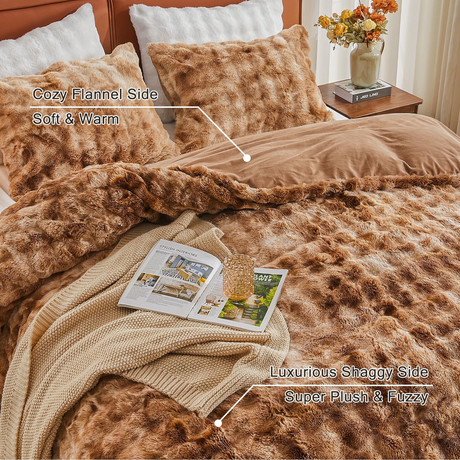 EMME Parure de lit d'hiver en peluche 200 x 200 cm - En fourrure de lapin synthétique comme un câlin doux, housse de couette chaude avec fermeture éclair et 2 taies d'oreiller avec fermeture éclair 80