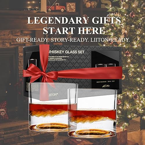 Miniatura 8 de LIITON Smoky Mountain - Juego de 2 vasos de whisky de cristal pesado, vaso de bourbon grueso congelable de 1 libra cada uno, regalos de whisky