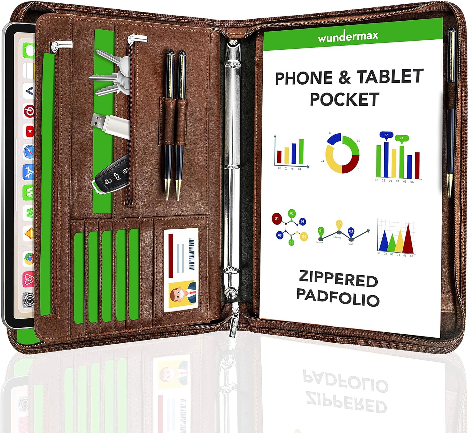 Wundermax Portfolio Binder - 13 x 10.5 x 1.8 Inch, Vegan Leather, 3-Ring Padfolio for Women and Men w/ Zipper, Detachable Binder, Notepad and Pockets for Tablet, Resume and Documents - Brown : Office Products