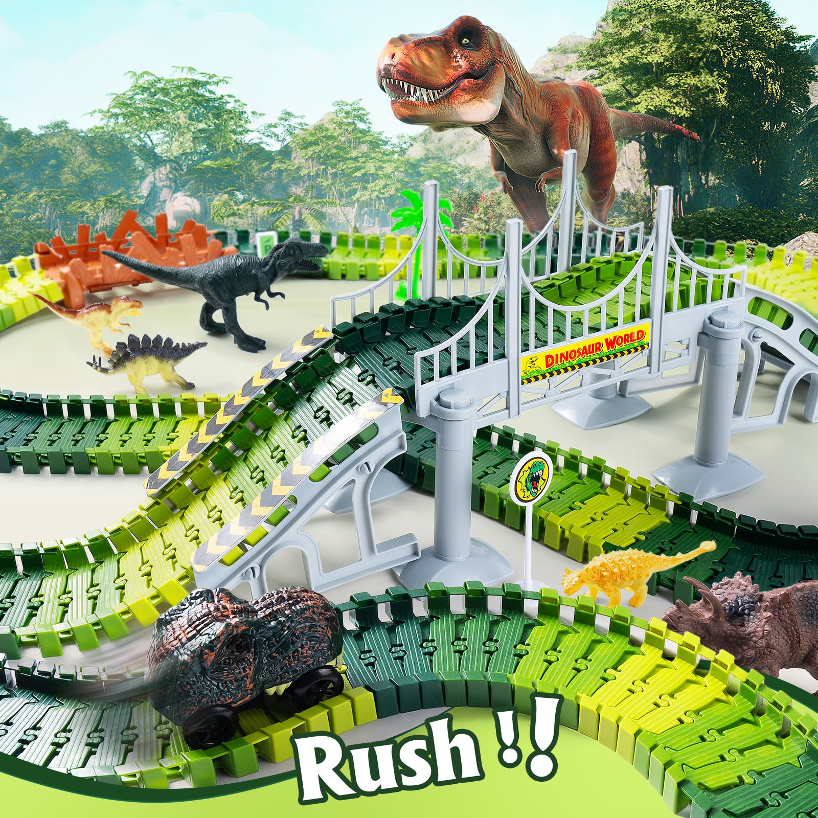 Coroiesty Zabawka dla dinozaurów, tor wyścigowy, zabawka dla dzieci z 2 sztukami dinozaurów, dla 3, 4, 5, 6 lat, dla chłopców i dziewczynek, na urodziny, imprezę, prezent