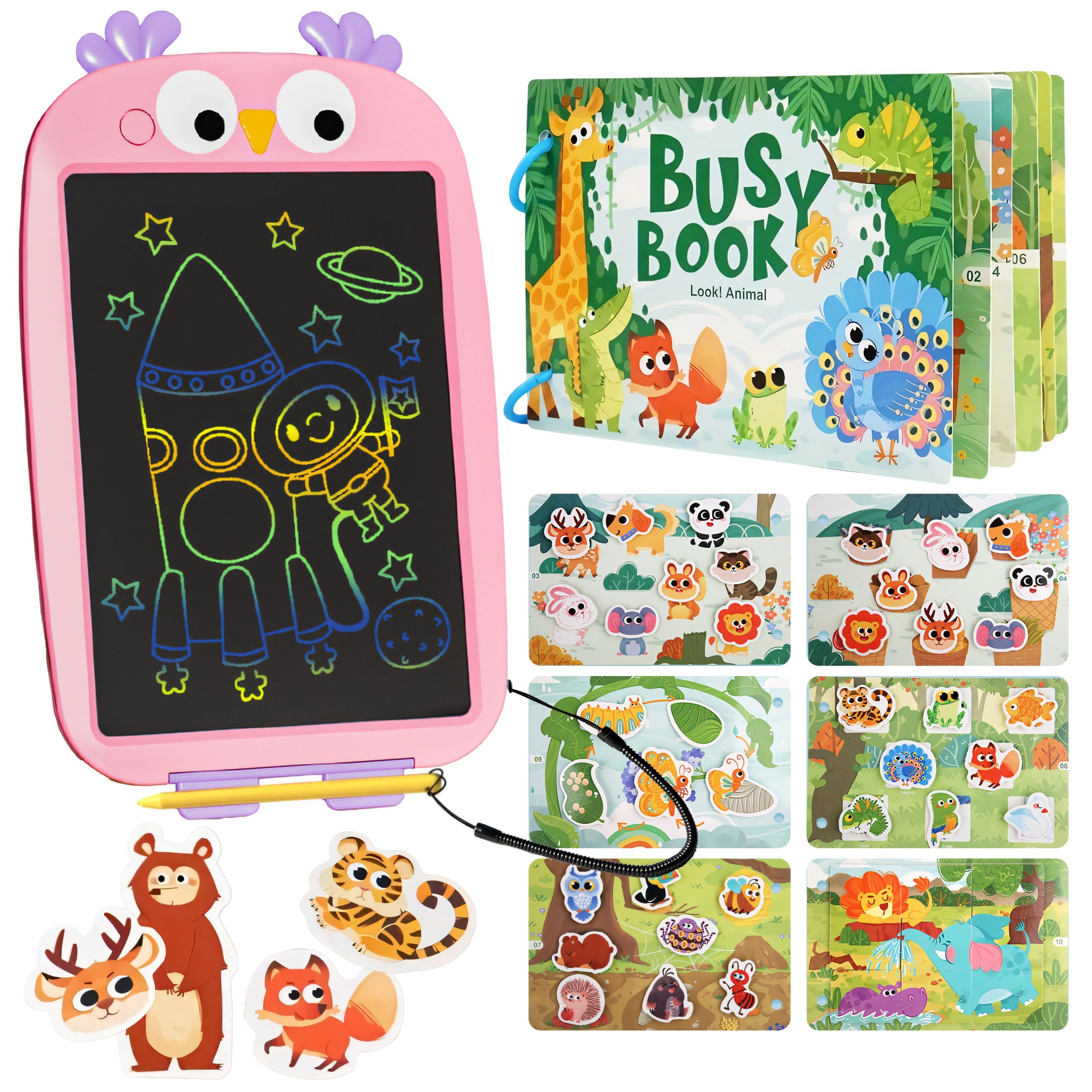 Tableta de Escritura para Niños LCD y Busy Book Libro Montessori - Pizarra Infantil Mágica con Quiet Book Libro Interactivo Montessori - Kit de Entretenimiento Viaje para Niños a Partir de 2 Años