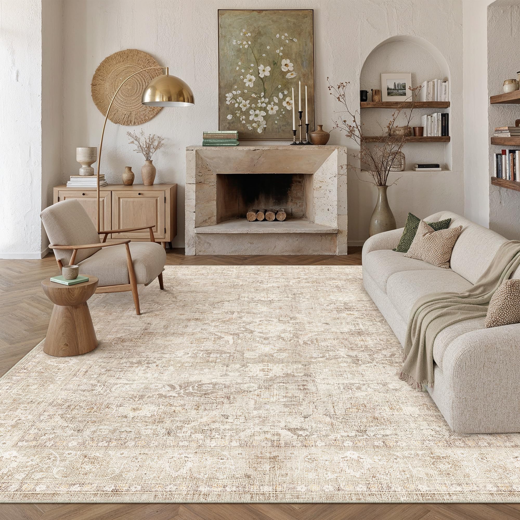PureCozy Large Washable Beige Rugs for Living Room 200x300cm Vintage Carpet