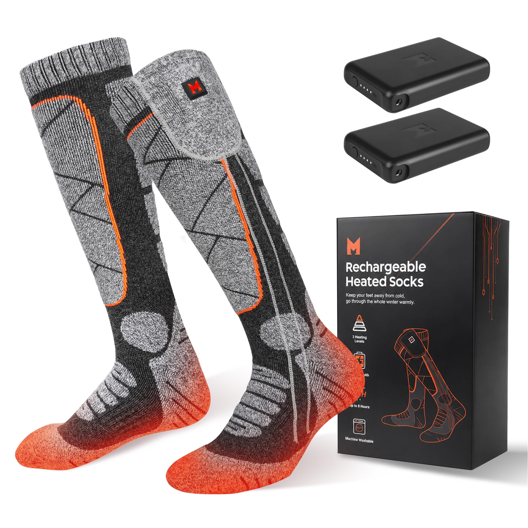 Chaussettes Chauffantes Rechargeables pour Homme Femme (Gris/Orange)