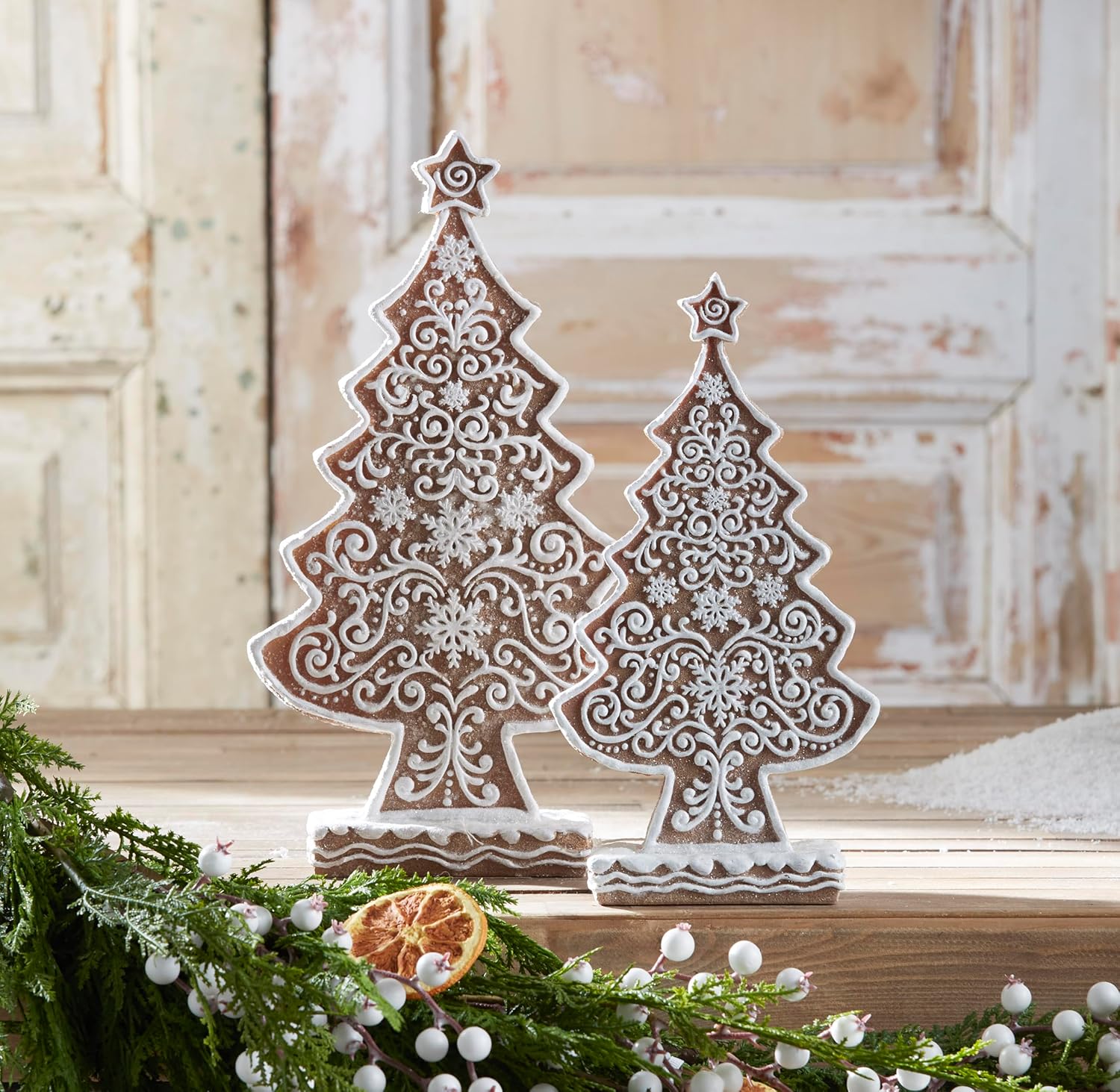 One Holiday Way Set of 2 (13", 10.5") Elegant Brown & White Gingerbread Christmas Tree Decorations - Candy Xmas Village Figurine Table Centerpiece Home Decor