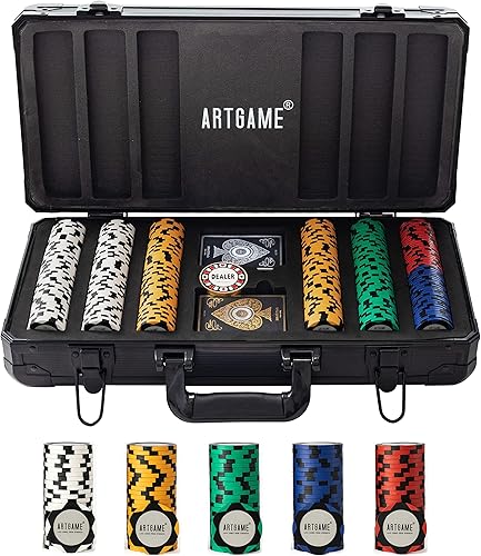 ARTGAME Juego de fichas de póquer de arcilla de 0.49 oz para Texas Hold'em, 300 fichas estilo casino, con caja de aluminio tipo K y botones de