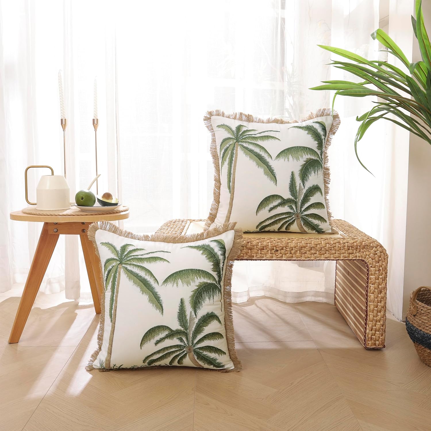 Tosleo Green Palm Trees Embroidered Throw Pillow Covers 18x18 inch Pack of 2 with Flax Fringe Cotton Boho Pillow Cushion Cases Farmhouse Decor Square Pillowcases for Spring Summer Sofa Couch Bedroom