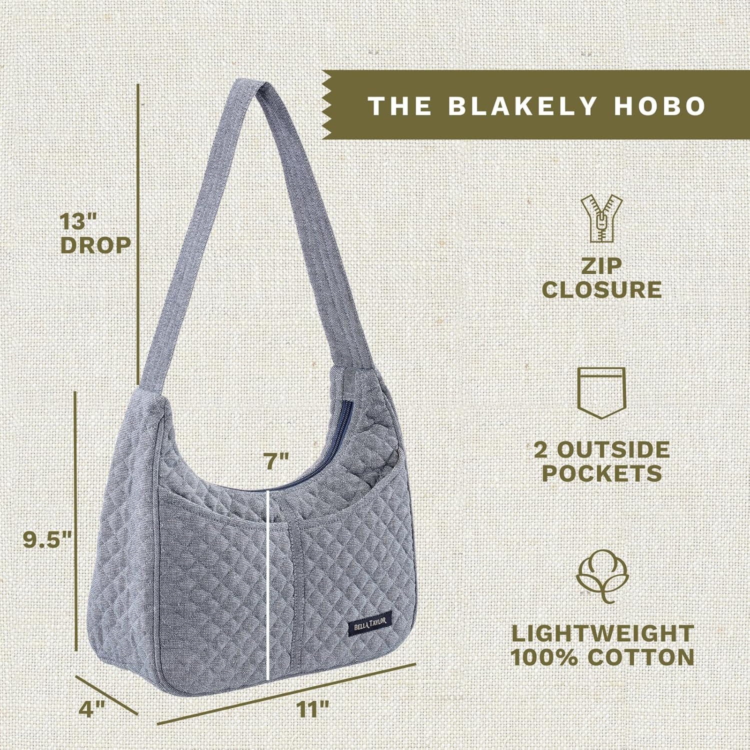 Bella Taylor Blakely - Hobo Shoulder Bag for Women - Lightweight Quilted Fabric Purse with Pockets - Image 4