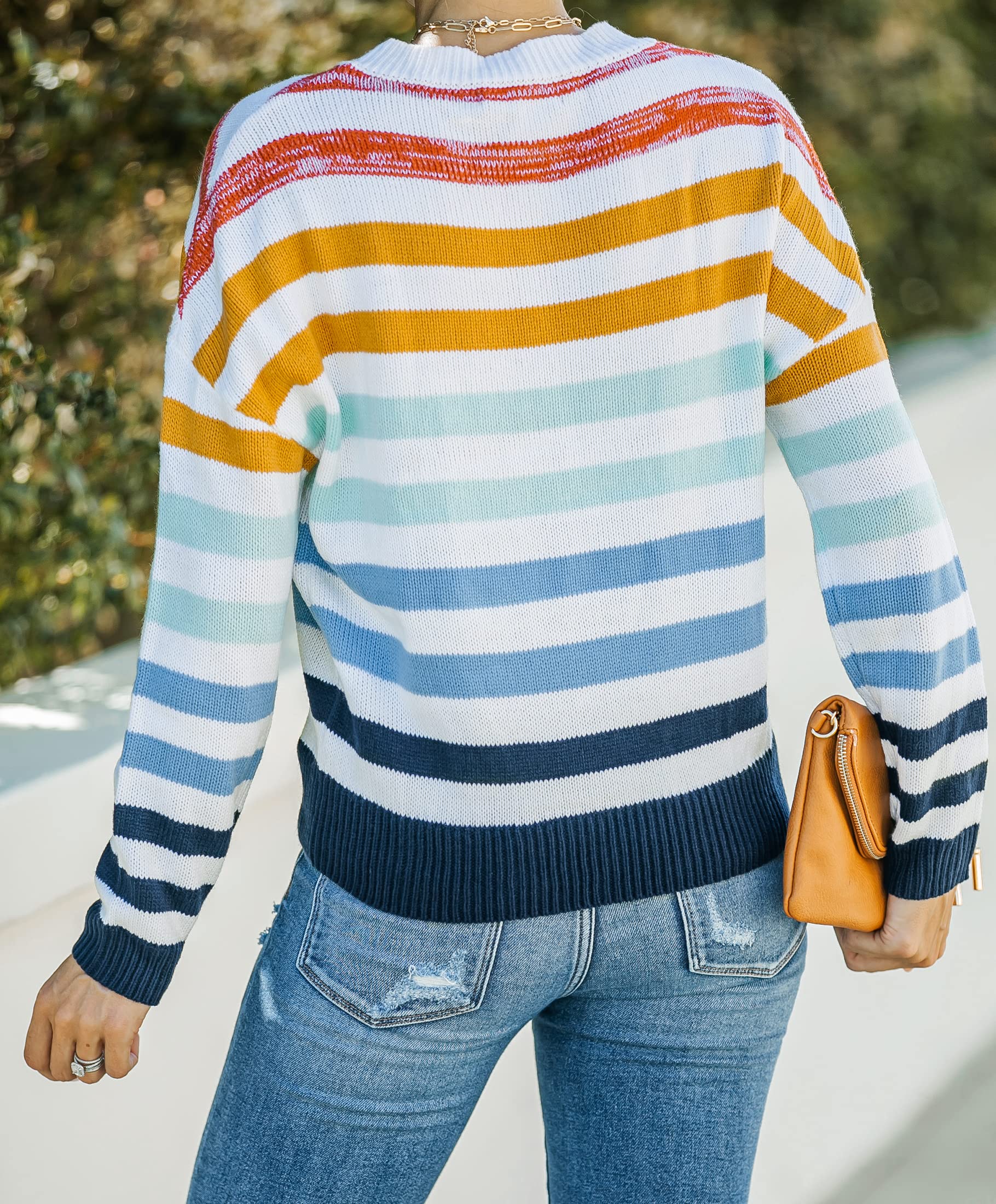 ZESICA Women's Long Sleeve Striped Knit Sweater - Color Block Crew Neck Loose Pullover, Green, Large - View #4