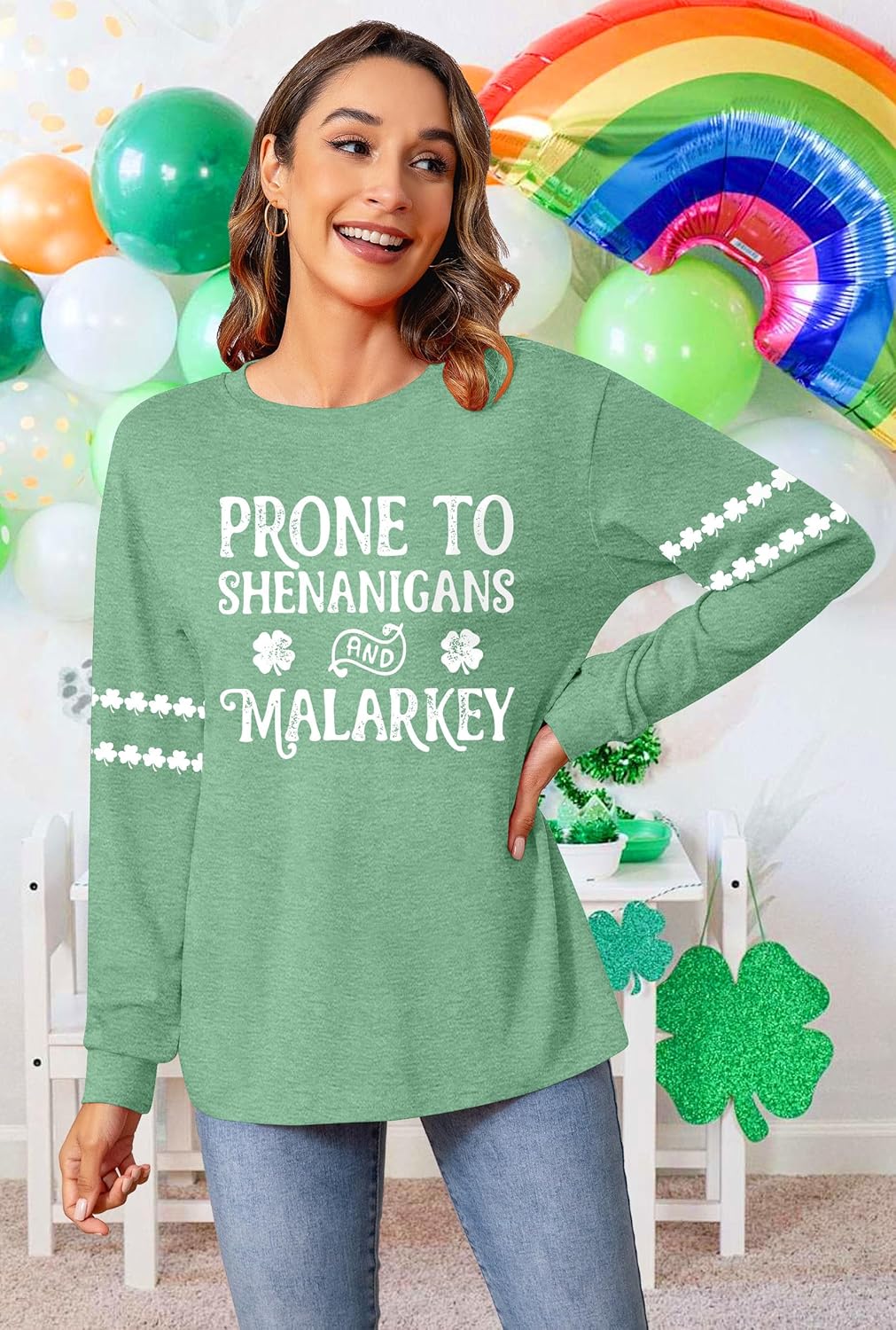 St Patricks Day Shirt Women Lucky Shamrock Shirts Green Clover Graphic Long Sleeve St Patrick's Day Tee Irish Top - Image 2