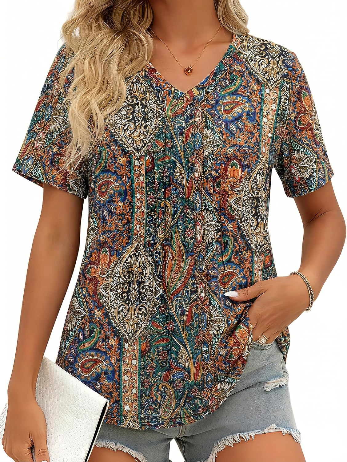 MioRoim Women's Tops Summer V Neck Casual Short Sleeve T Shirts Loose Fit Dressy Pleated Blouses
