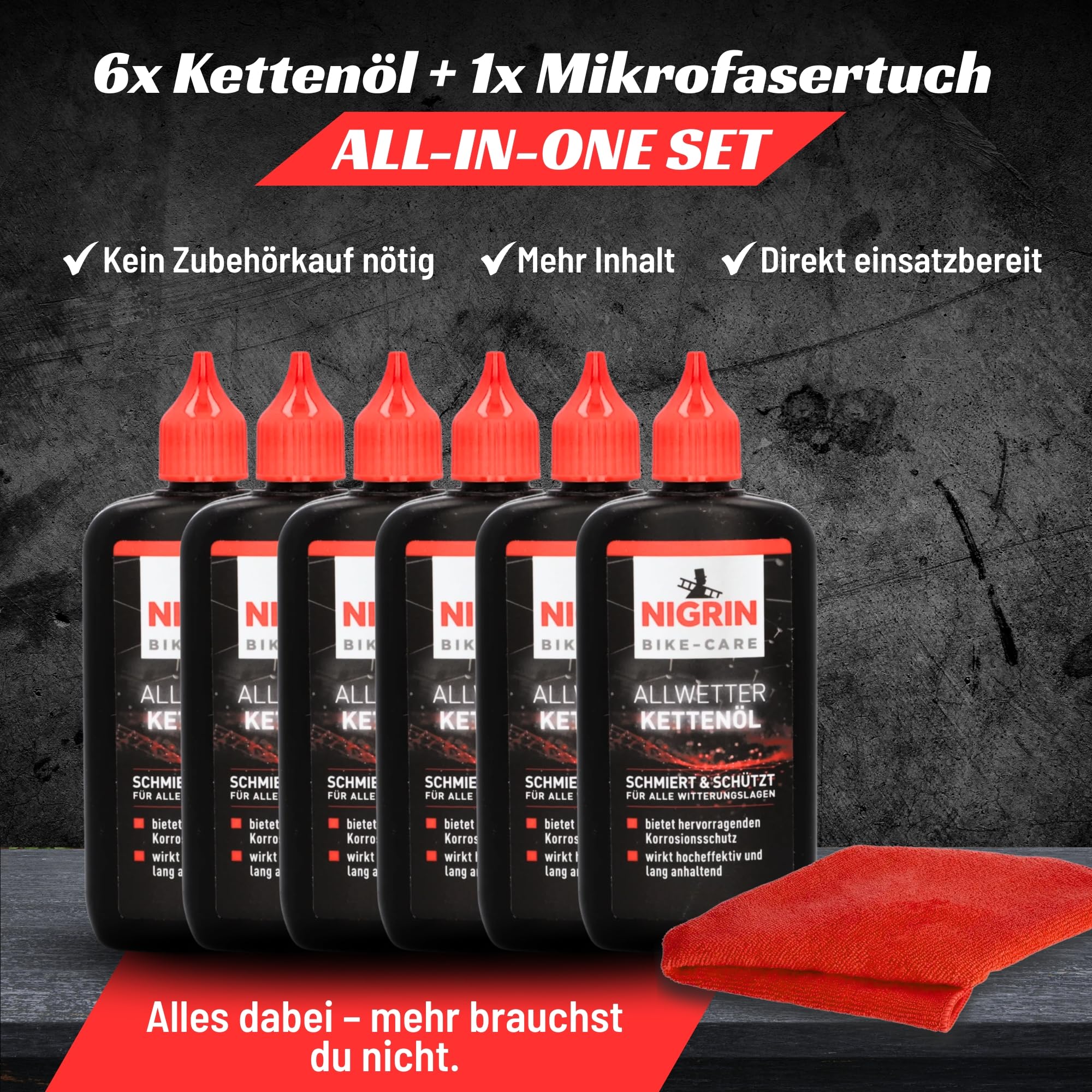 NIGRIN BIKE-CARE Lot de 6 huiles de chaîne toutes saisons 100 ml (6 x 100 ml) – Lubrifiant pour chaînes de vélo par tous temps – Réduit les frottements, protège contre la rouille, pour vélo électrique