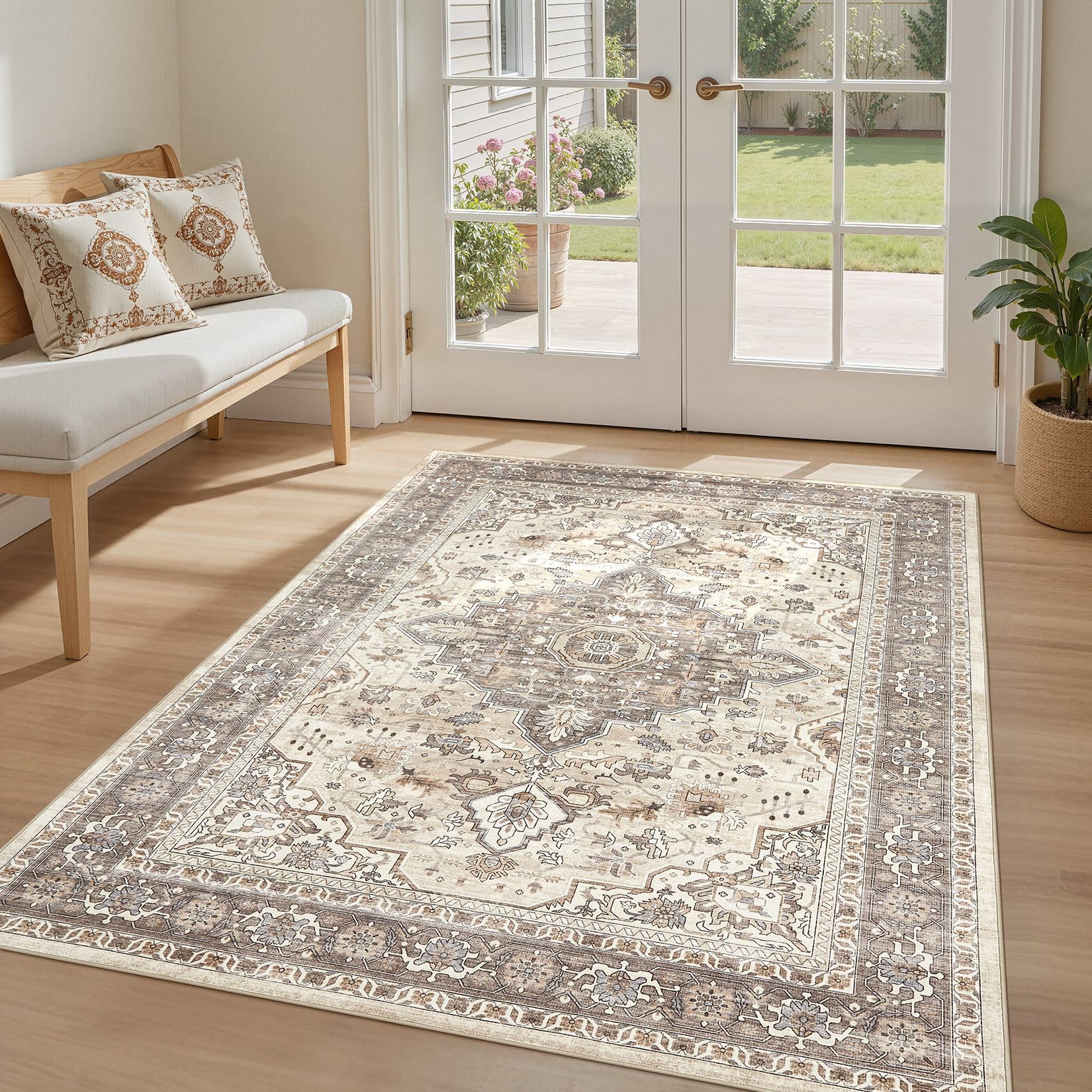 LOONGRUG 4x6 Rug Washable Vintage Boho Rug for Entryway Bedroom Beige Brown