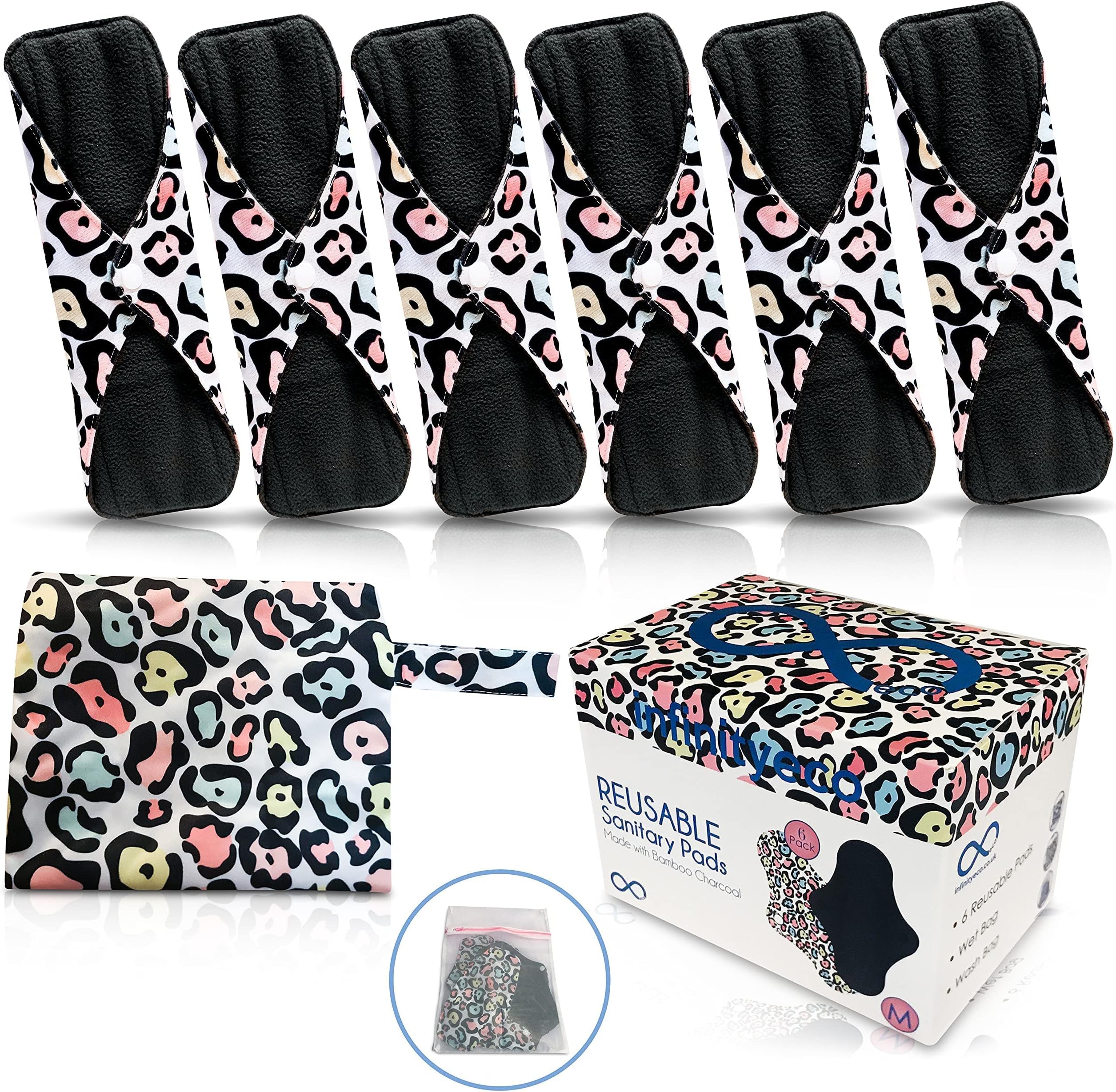 Infinityeco Medium Size Reusable Sanitary Pads 6 Pack, High Absorbancy Menstrual Towels with Wash Bag and Wet Bag
