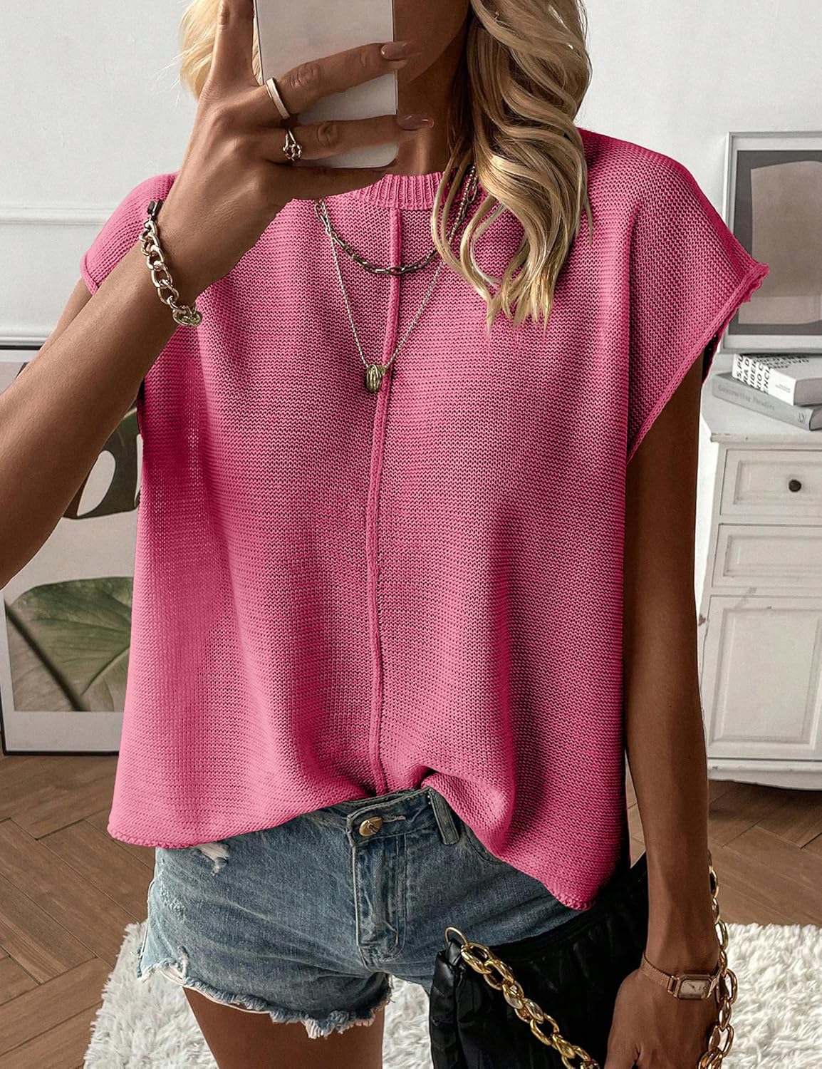 Womens Cap Sleeve Sweater Vest Crew Neck Knit Sleeveless Tank Tops Casual Lightweight Pullover Sweaters - Image 4