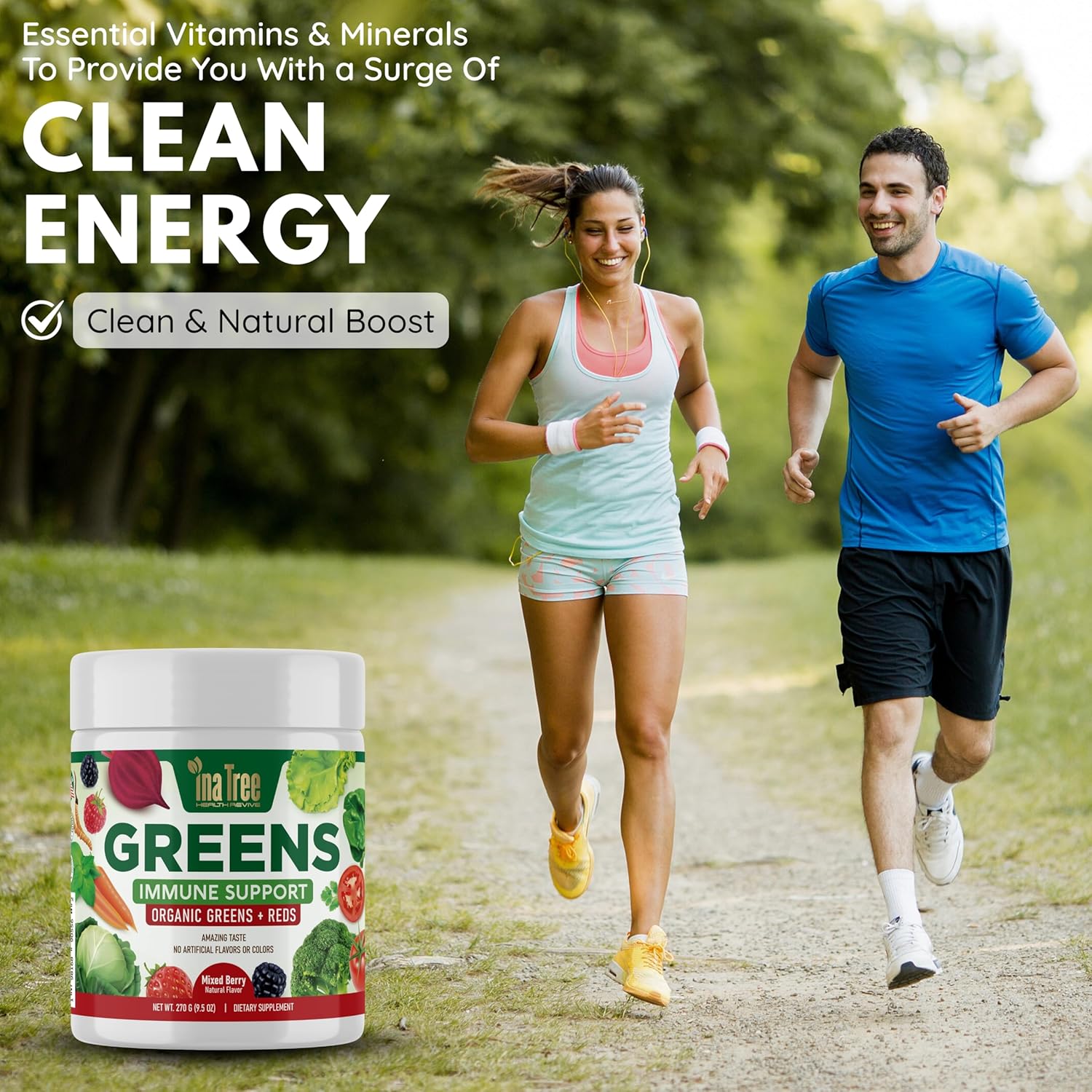 Greens Powder Immune Support, Superfood Blend with 20 Organic Greens & Superfruits, Boost Energy Level, Digestive Enzymes & Prebiotic Blend, Natural Mixed Berry Flavor (9.5 Oz) - Image 7