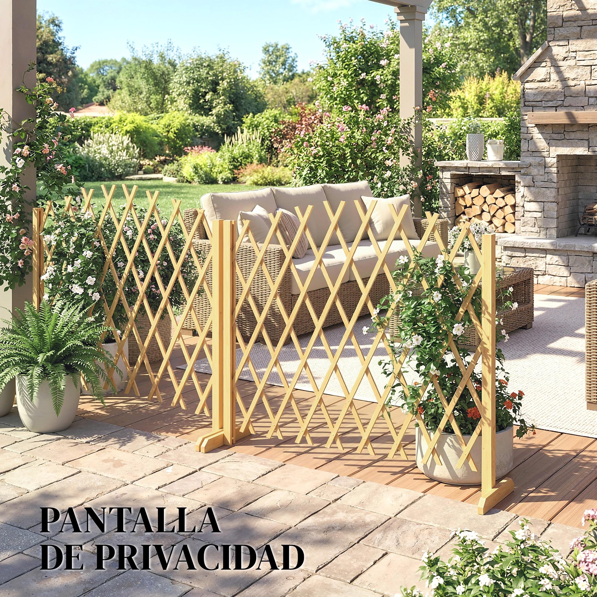 Outsunny Set de 2 Paneles de Vallas de Jardín Exterior de Madera, Puertas de Jardín Exterior Extensibles, Vallas de Jardín para Decoración Terraza, Patio, 180x30x103 cm, Natural