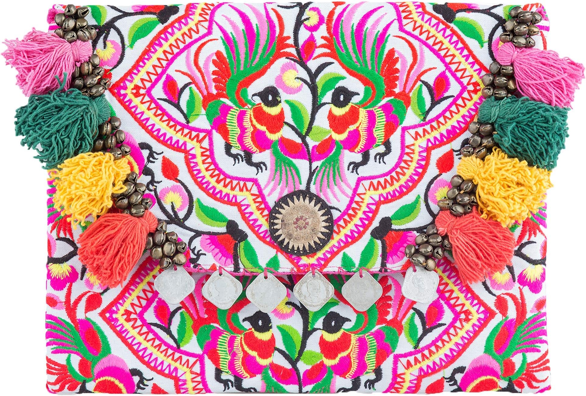 Handmade Boho Clutch Bag with Flower Embroidery Decorative Tassels (Peacock Pink)
