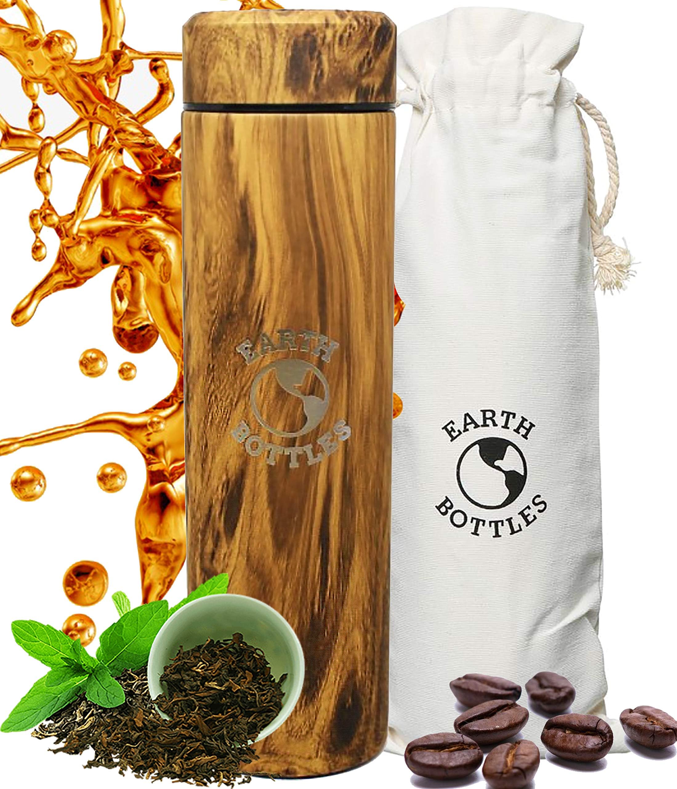 Tea Totty - 16oz (480ml) Stainless Steel Tea Thermos and Strainer - Pale Wood design