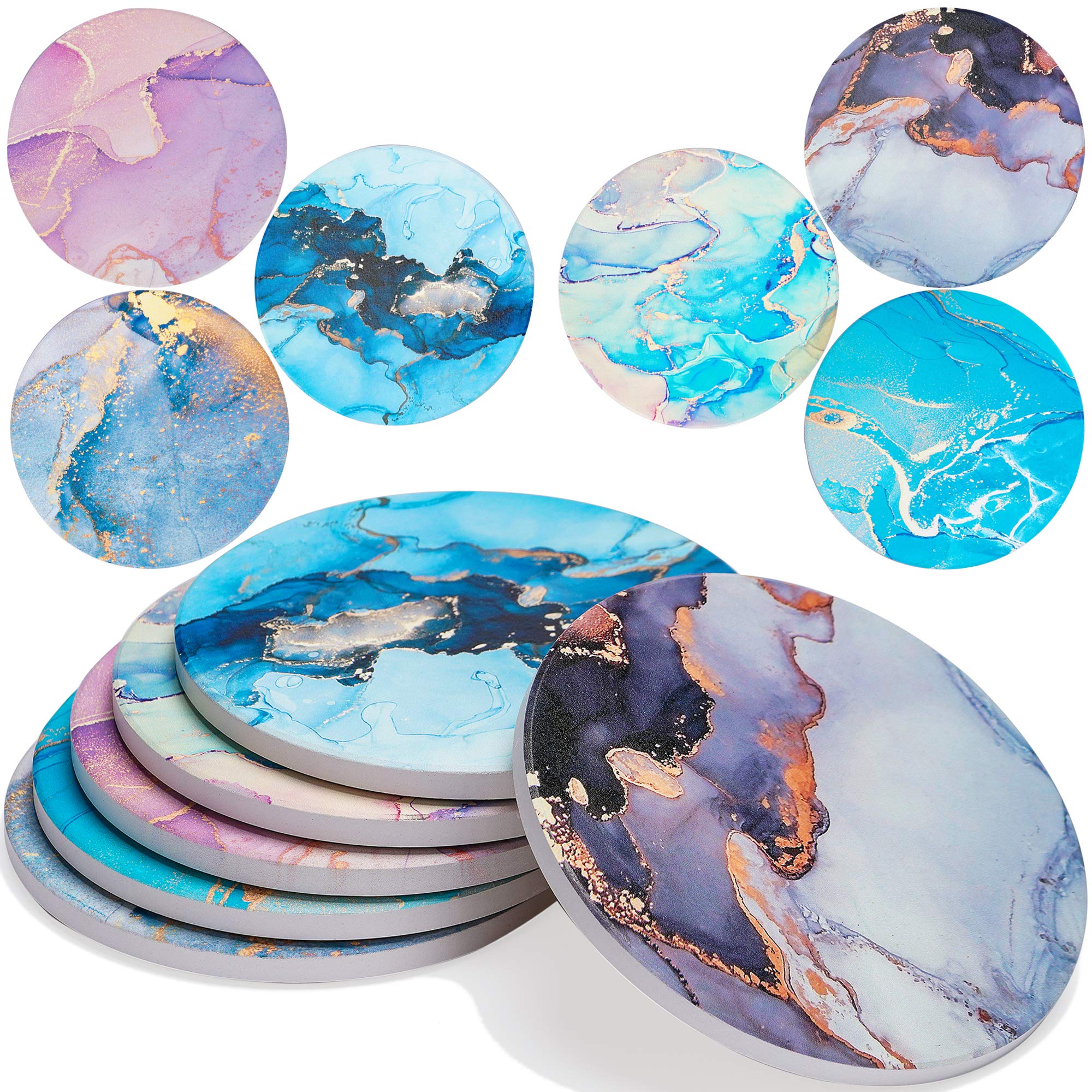 EnkoreCoasters Set of 6 Gold & Blue Marble Designs - Stunning Colors and Clear Details