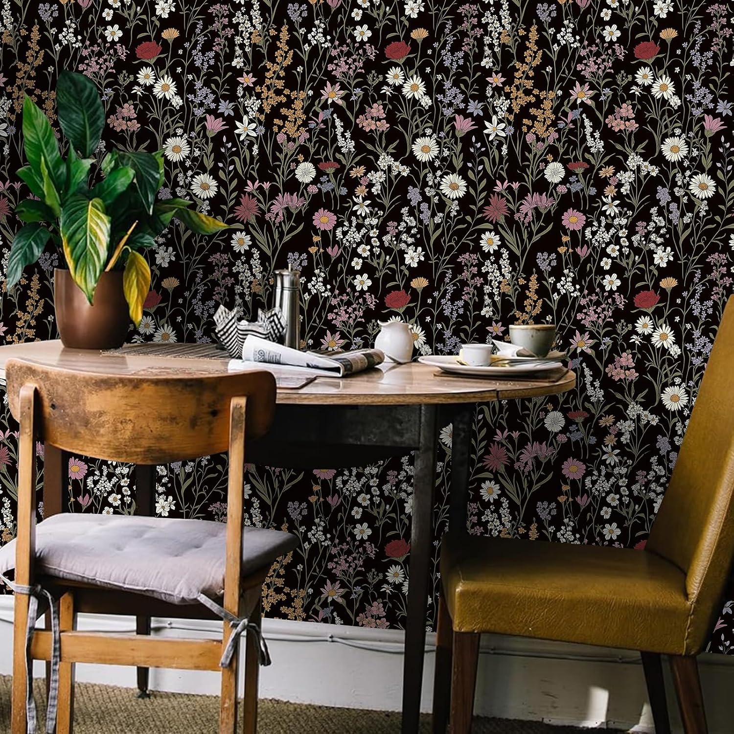 Black Botanical Floral Drawer Liner Contact Paper Peel and Stick Black Floral Wallpaper for Cabinets Shelves Dresser Drawer Wall Arts Crafts Decal 17.3X117 Inches