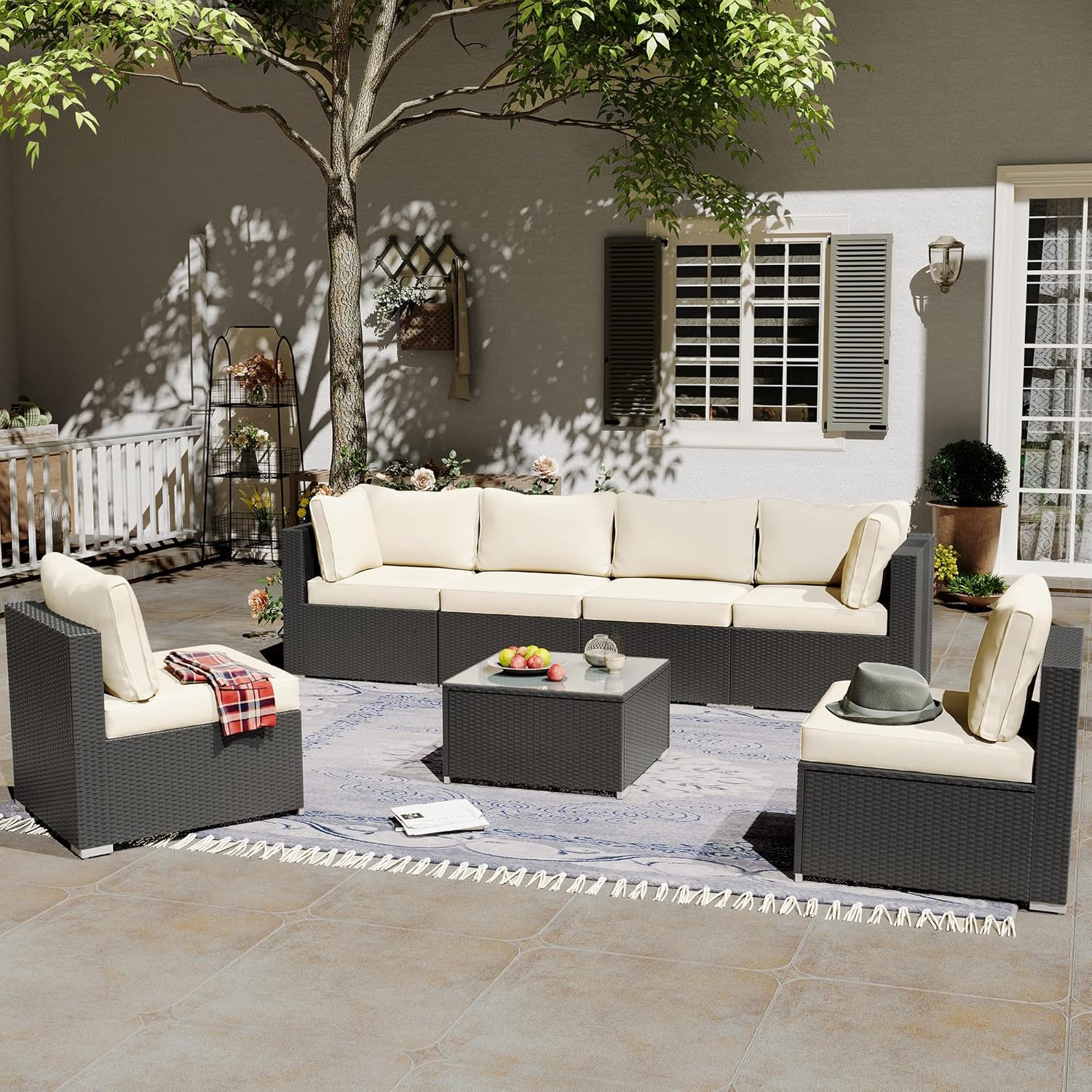 LAUSAINT HOME 7-Piece Patio Furniture Set, PE Rattan Outdoor Patio Furniture All Weather Outdoor Sectional Conversation Sets with 6 Chairs and 1 Tempered Glass Table for Garden (Beige)