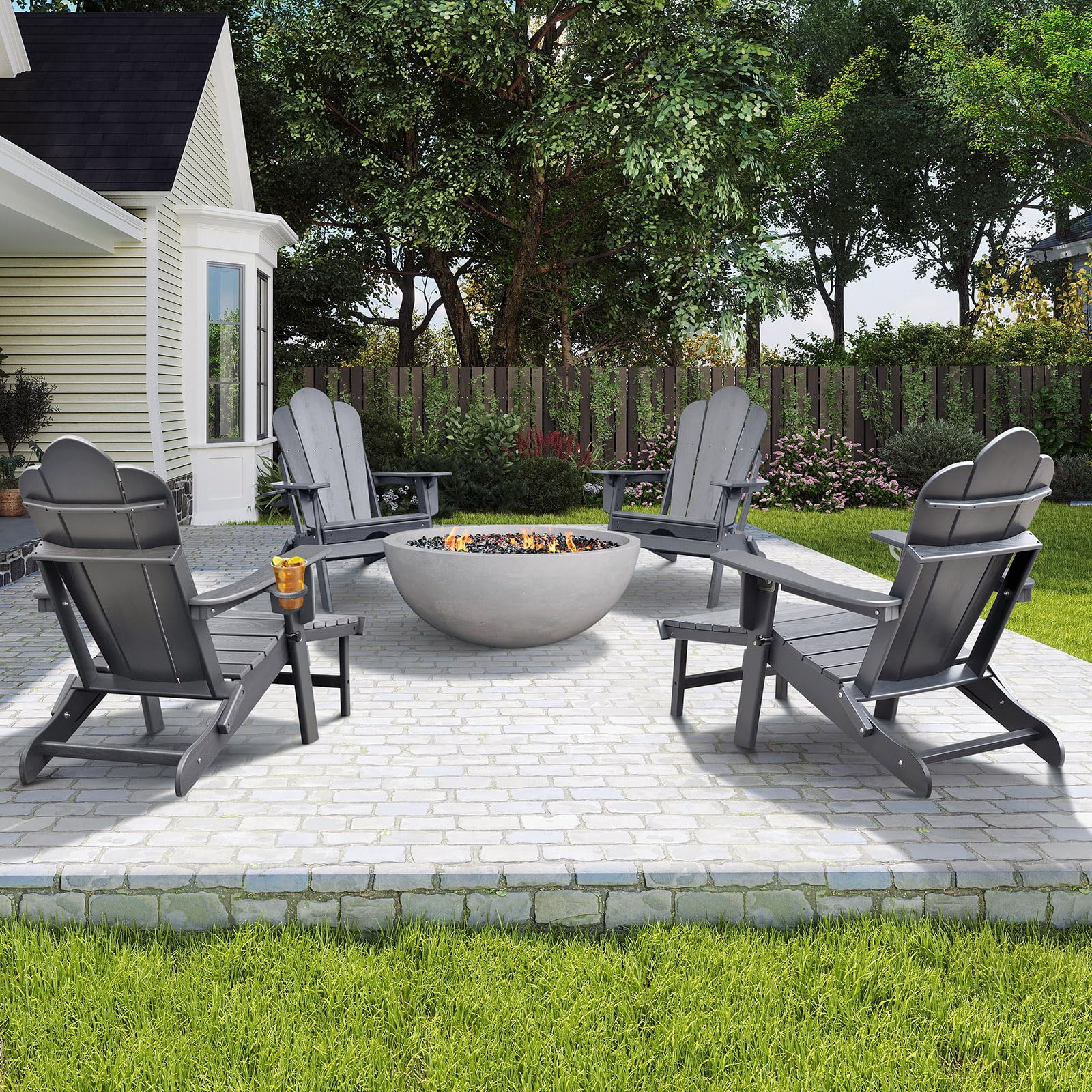 Silla Adirondack ajustable plegable con otomana extensible, silla de jardín con reposapiés extensible, HDPE tumbona para exteriores Adirondack Chair con soporte para tazas